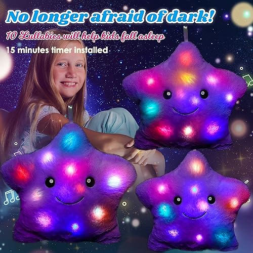 Vista 4 de Cuteoy Almohada musical de felpa de estrella morada de 13 pulgadas, luz nocturna brillante, juguetes LED de volumen ajustable, para cumpleaños