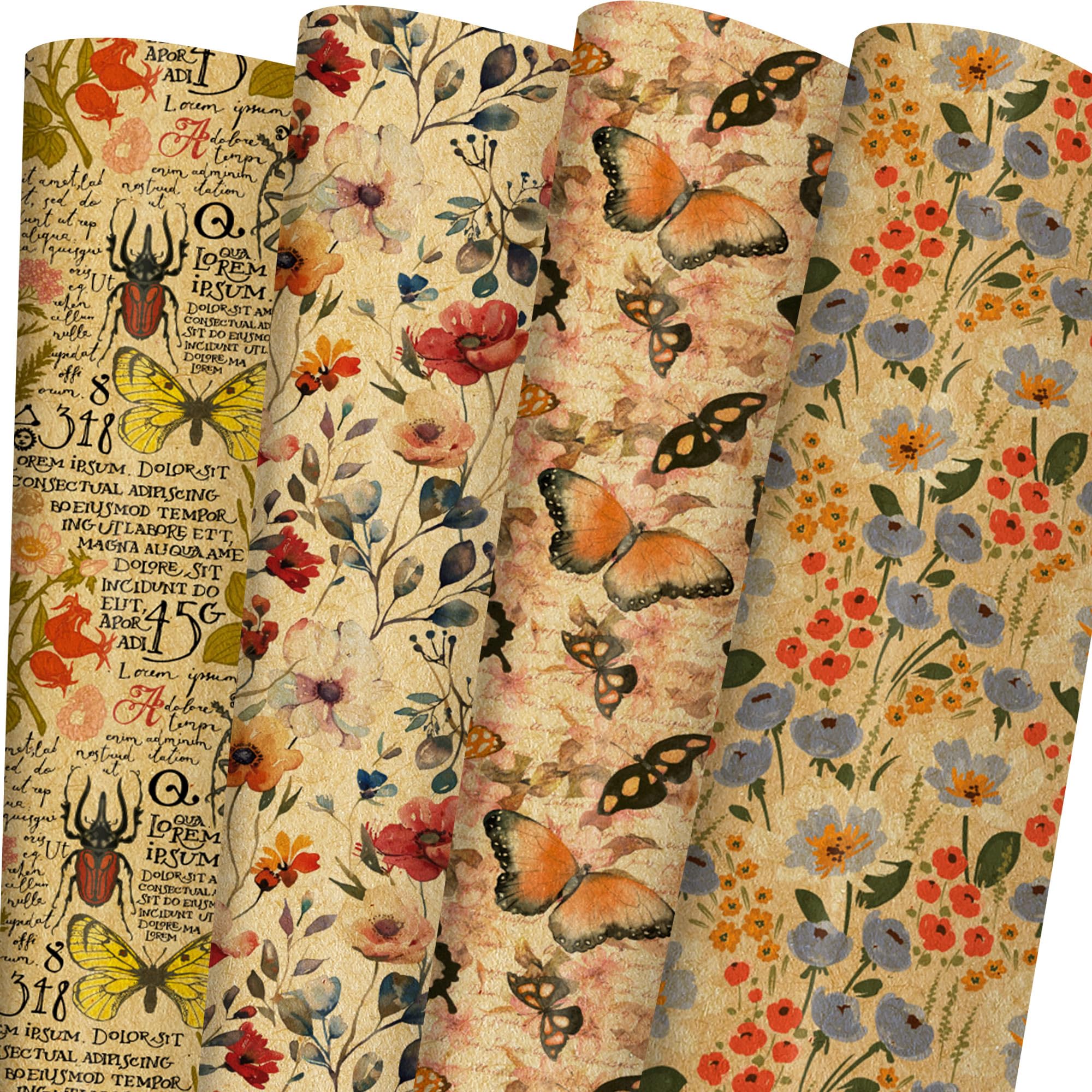 SaringSwoon Kraft Floral Wrapping Paper - Watercolor Gift Wrap With Vintage Flower, Butterfly, Newspaper Design for Wedding, Bridal Shower, Mother's Day, Birthday, Christmas - 8 Sheets, 20 x 29 Inches