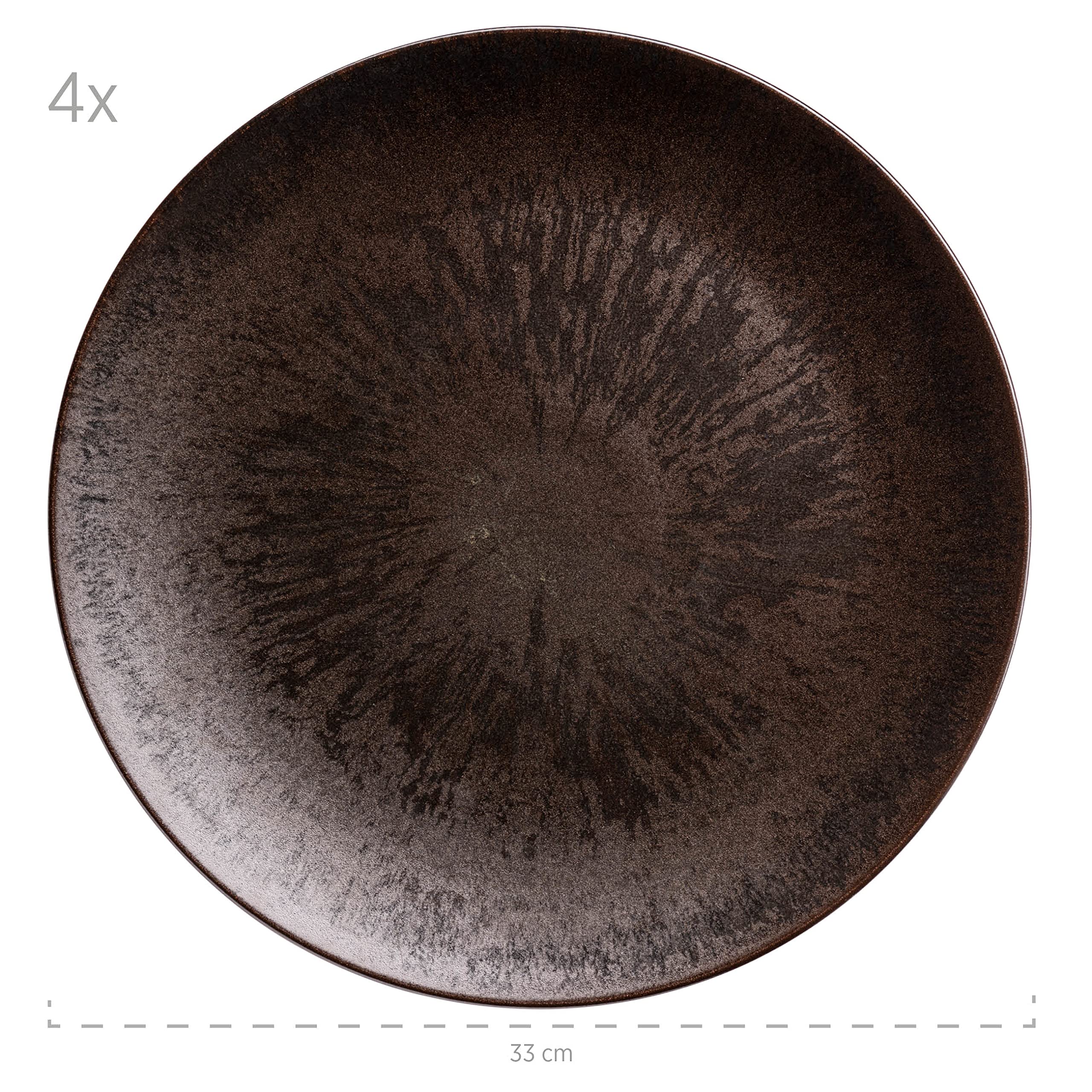 MÄSER Grandi piatti rotondi in bronzo metallizzato, con elegante smalto lucido, set da 4 pezzi, anche come piatti per pizza, piatti da portata e piatti decorativi, 4 piatti Jumbo in ceramica di alta
