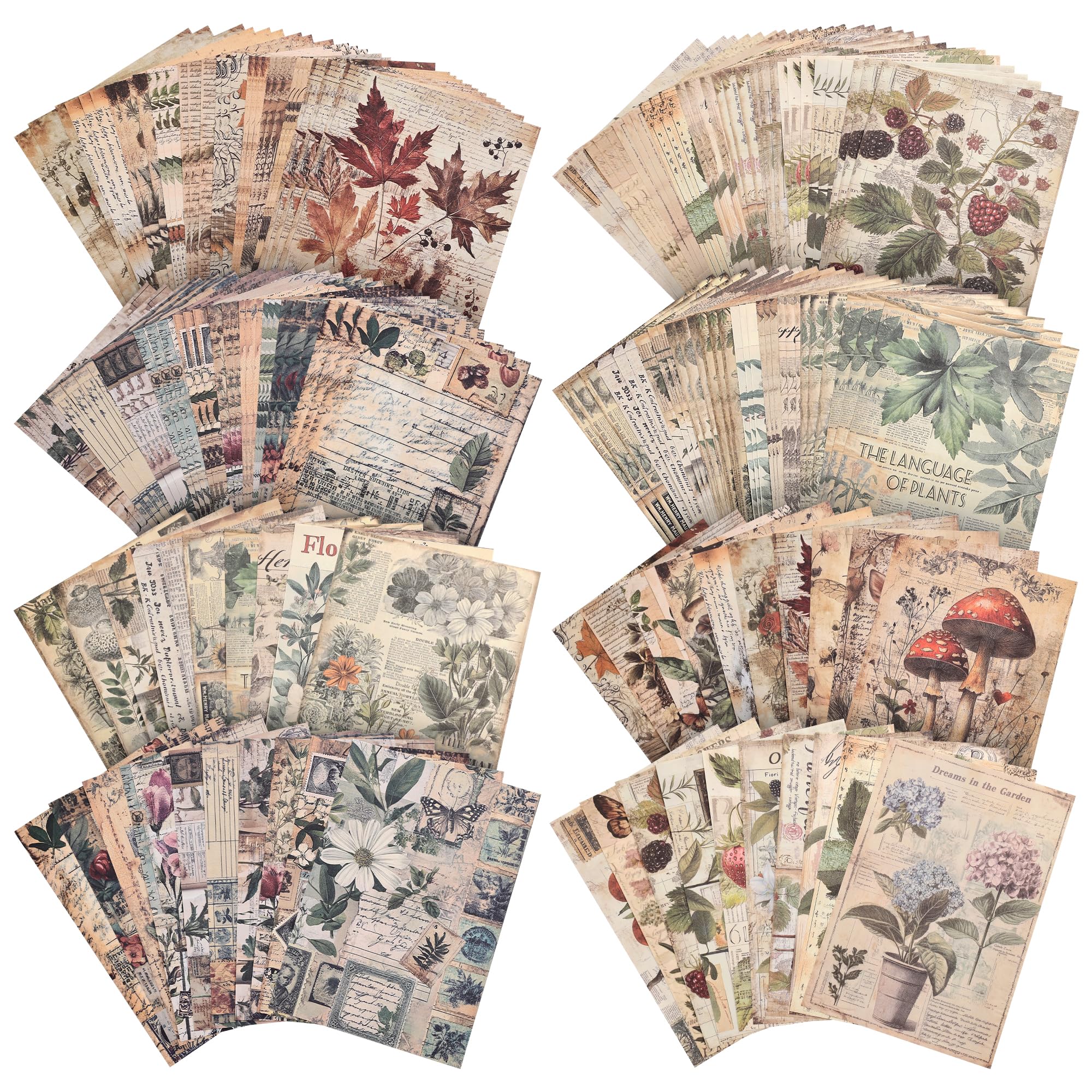 Photo 1 of 120 Sheets Vintage Botanical Scrapbook Paper Set, Journaling Scrapbooking Supplies Craft Decoupage Papers Kit, 4 Themes x 30 Mushroom Floral Antique Letter Design for Junk Journals Collage Card Making