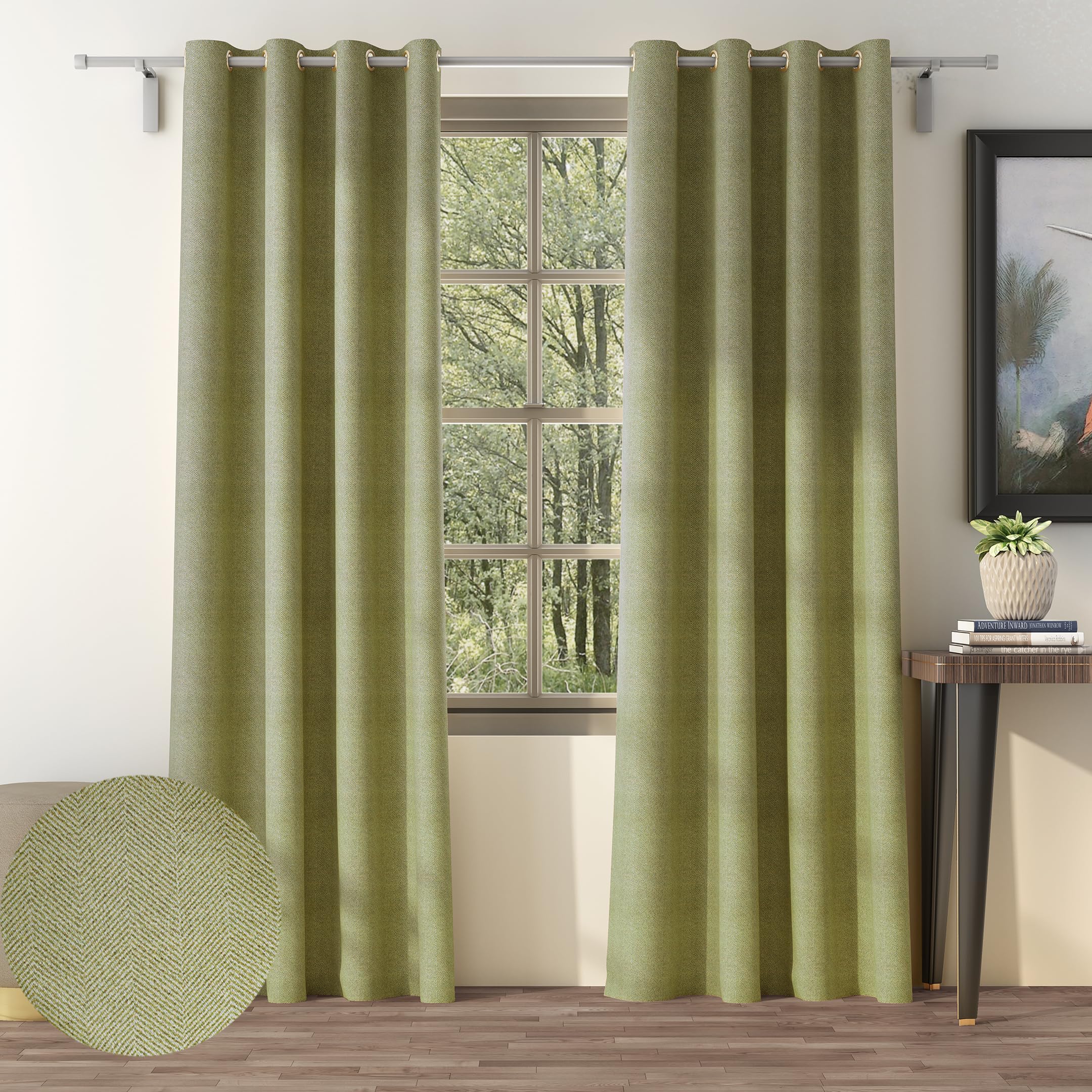 Casableu Herringbone Polyester Eyelets (Steel) Blackout Curtains with Tie Back, Bedroom Living Room (7 Feet (Set of 2) Pair, L Green) (B0B6ZVY89X) Amazon Price History, Amazon Price Tracker