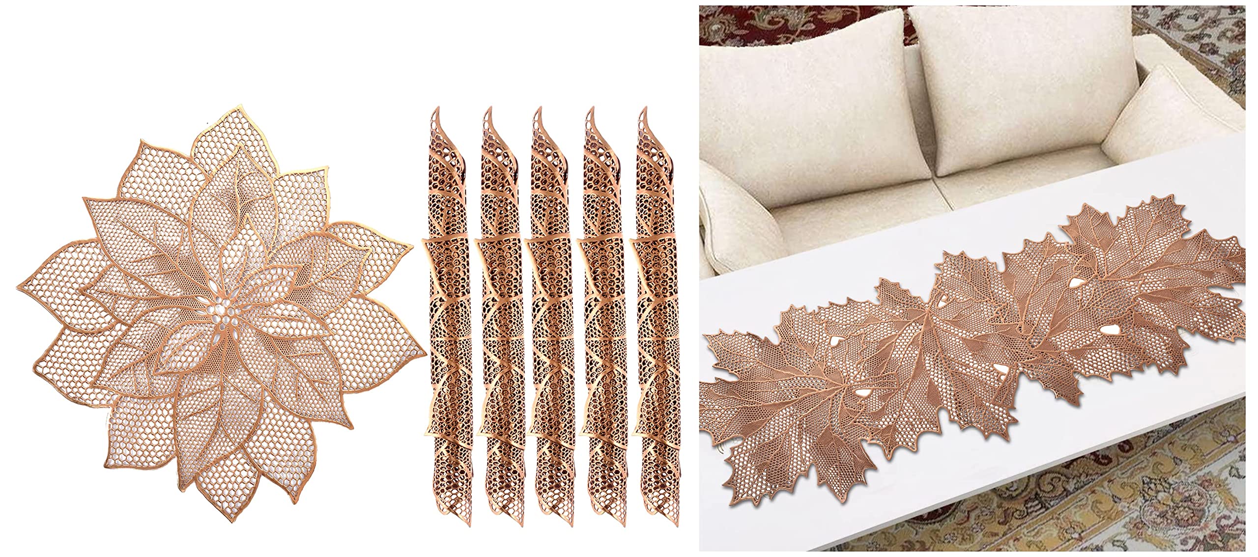 Kuber Industries Stain & Heat Resistant, Non-Slip Flower Design Soft Leather Table Placemats, Set of 6 (Copper) & Leaf Design Soft Leather Table Runner for Patios Family Dinner Office Kitchen Table (B0BB6GVQCD) Amazon Price History, Amazon Price Tracker