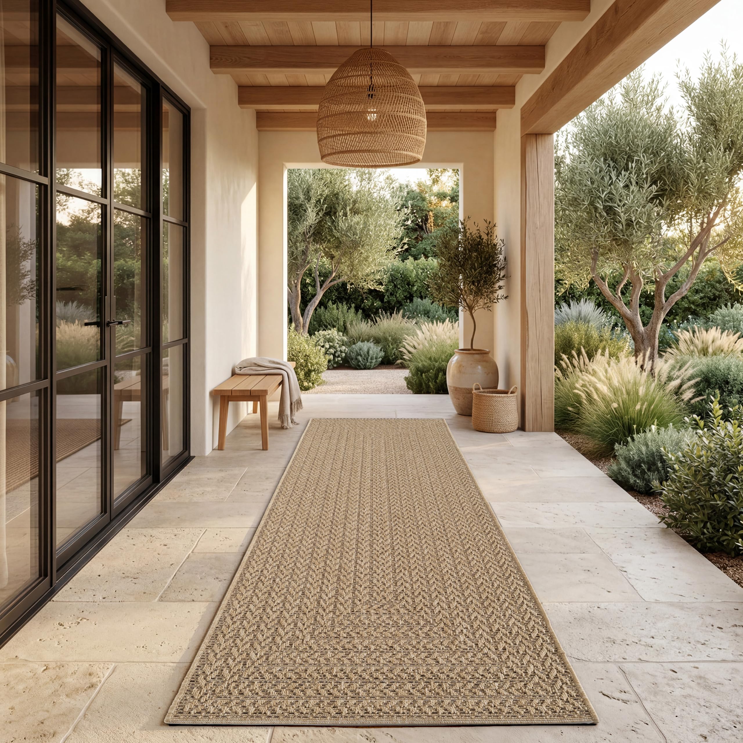 Paco Home Outdoor Rug Weatherproof Balcony Kitchen Rug Living Room Boho Geometric Pattern Sisal Look Solid Color Design Beige, Size:80x250 cm โ image 1