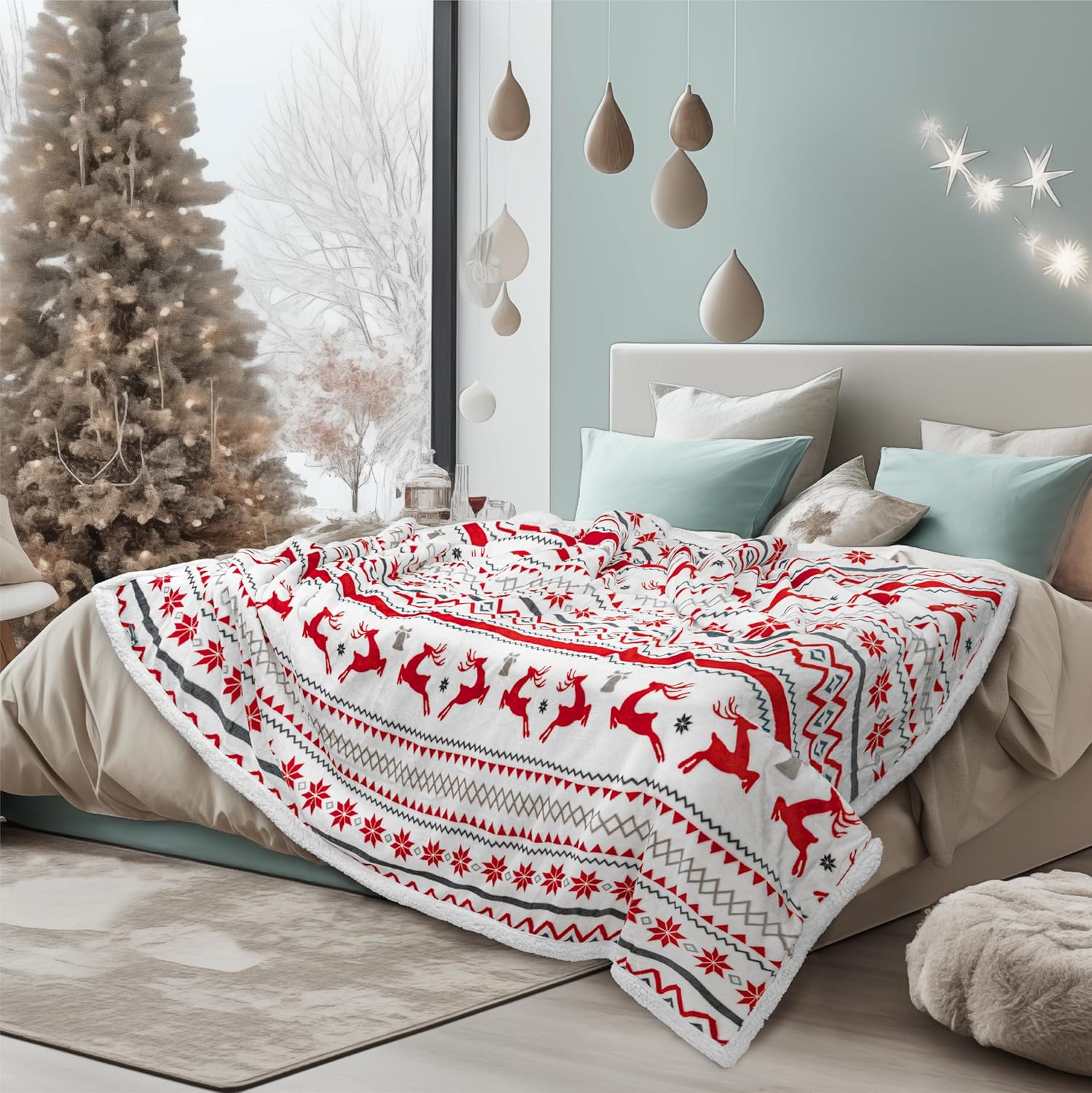 PAVILIA Red White Snowflake Reindeer Christmas Sherpa Throw Blanket, Soft Reversible Fleece Sherpa 60x80 Winter Blanket for Couch & Bed, Christmas Decor