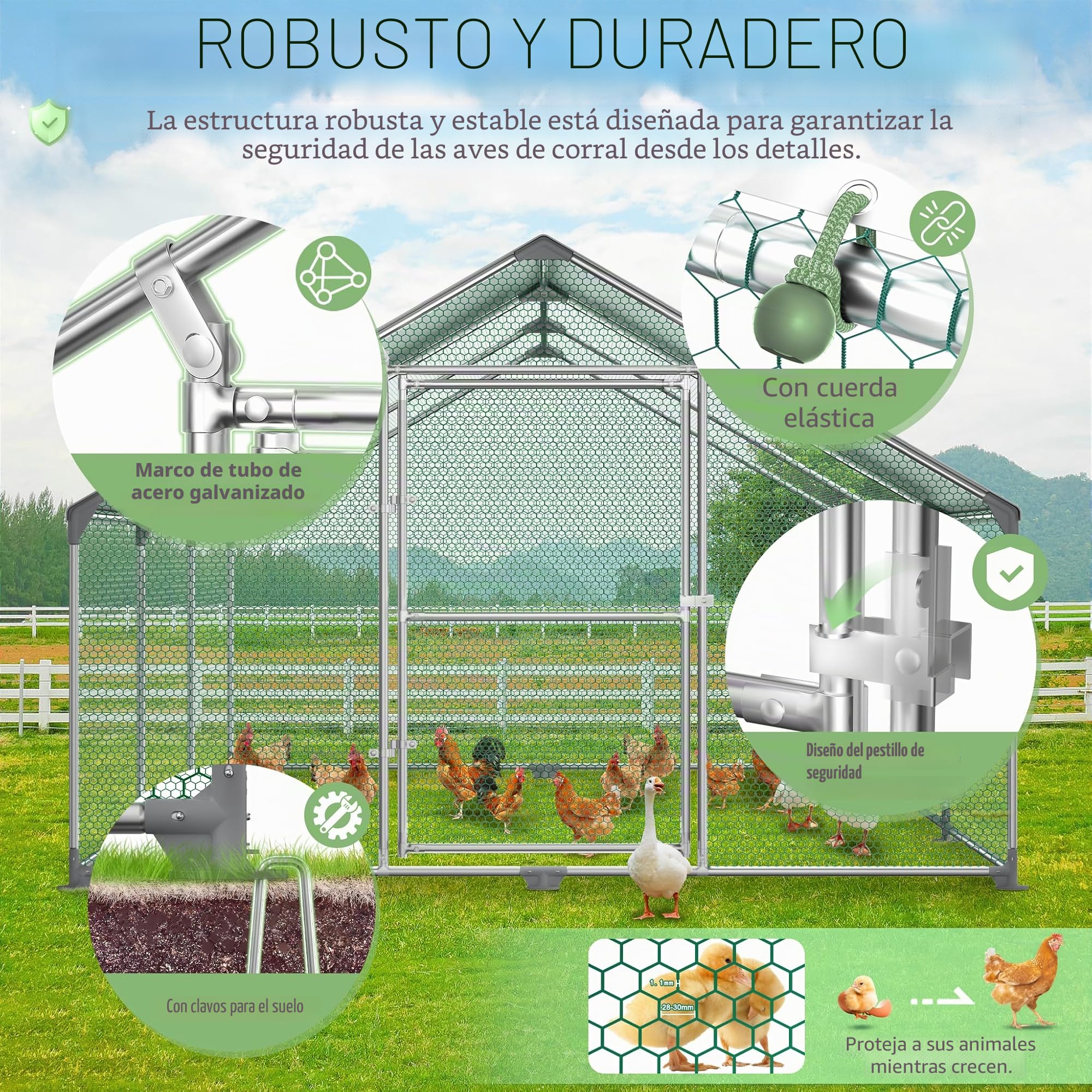 Froadp Gallinero Pajarera Exterior Recinto para Gallinas Camperas con Cubierta de Protección Solar de PE Jaula para Gallinas con Estructura de Acero Galvanizado para Conejos Avicultura (3x4x2m)