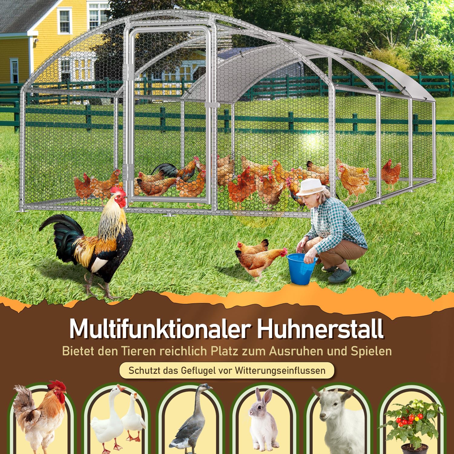 Hühnerstall, 3x6x2m Kuppel Dach Hühnerhaus Freilaufgehege, mit Schloss aus Verzinkter Stahl und Wasserdichtes PE-Farbtuch Tiergehege, Schnell zu reinigen