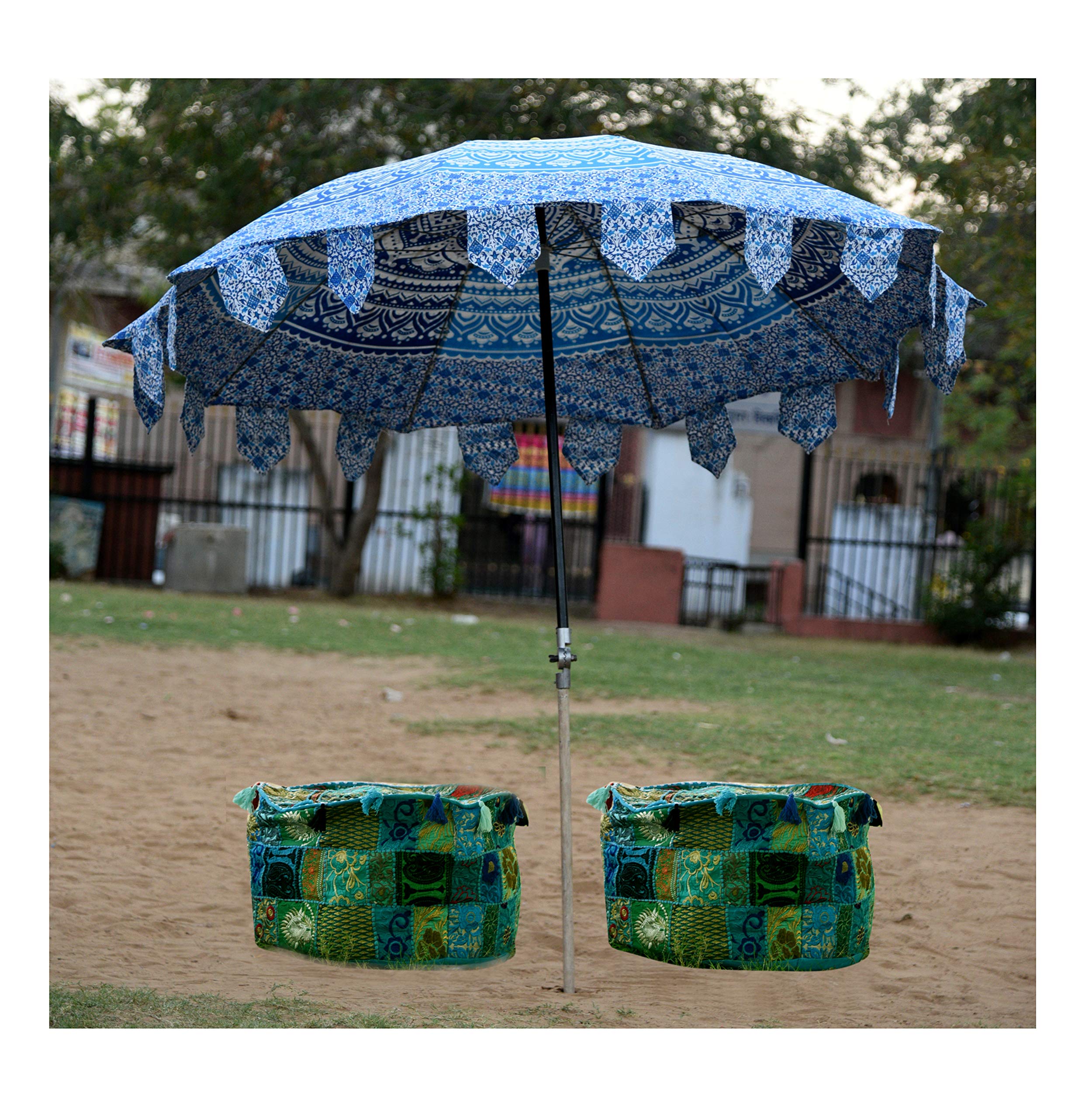 Handicraft-Palace Blue Ombre Mandala Printed Beach Garden Hotel Umbrella Cotton Large Outdoor Resort Lawn Umbrella Round Patio Parasol 1
