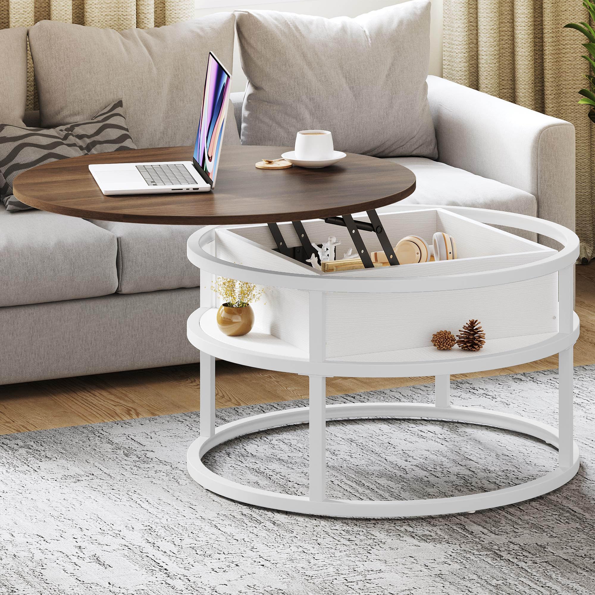 YITAHOME Couchtisch Rund mit Hebeplatte, Wohnzimmertisch mit verstecktem Ablagefach, Beistelltisch Rund mit Stauraum für Home Office, Runder Mitteltische Wohnzimmer, Weiße Eiche