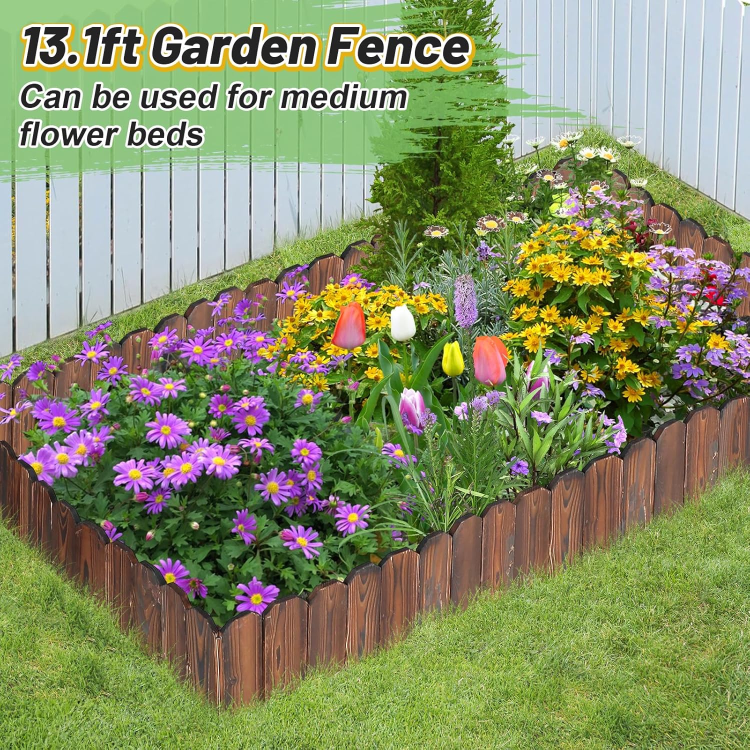 Wooden Garden Edging - 13.1ft x 11.8in Pine Landscape Border, Flexible Weather-Resistant Fences for Decorate Spring Outdoor Patio Yard Lawn Flower Beds