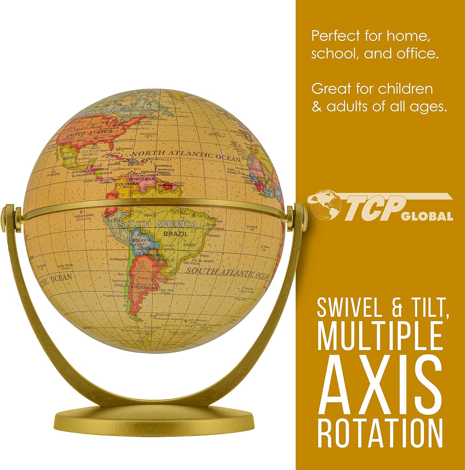 TCP Global 4" Old World Style Globe, 360° Rotation - Compact Gold Mini Globe, Swivels, Tilts in All Directions - Fun & Educational, Learn Earth's Geography - Home, School, Office, Shelf, Desk Display