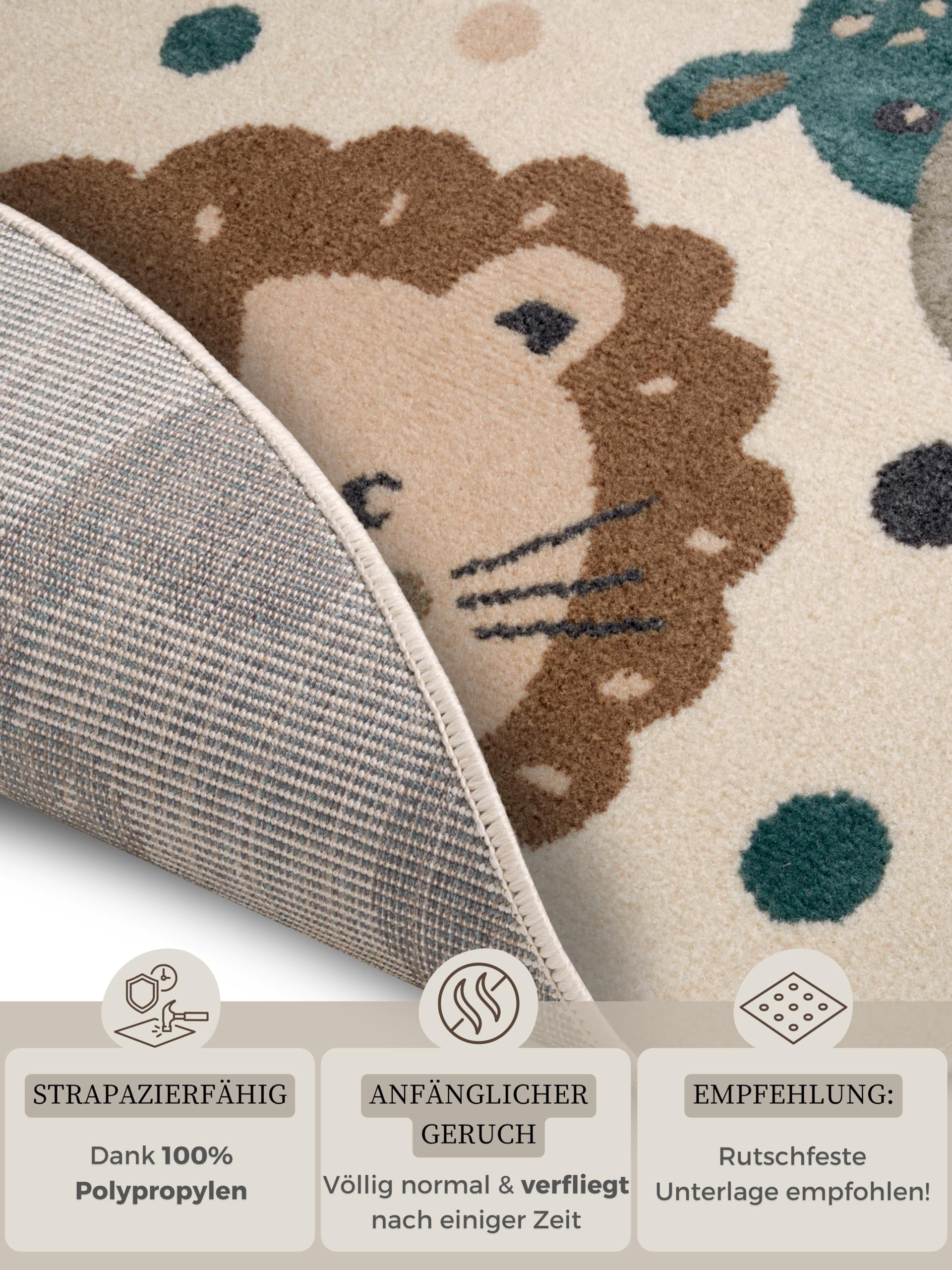 Hanse Home Adventures Kinderteppich Rund - Tiere Muster Löwe Bär Teppich Junge Mädchen für Kinderzimmer, Spielzimmer, Jugendzimmer, Wohnzimmer - Creme Braun Blau, 100cm