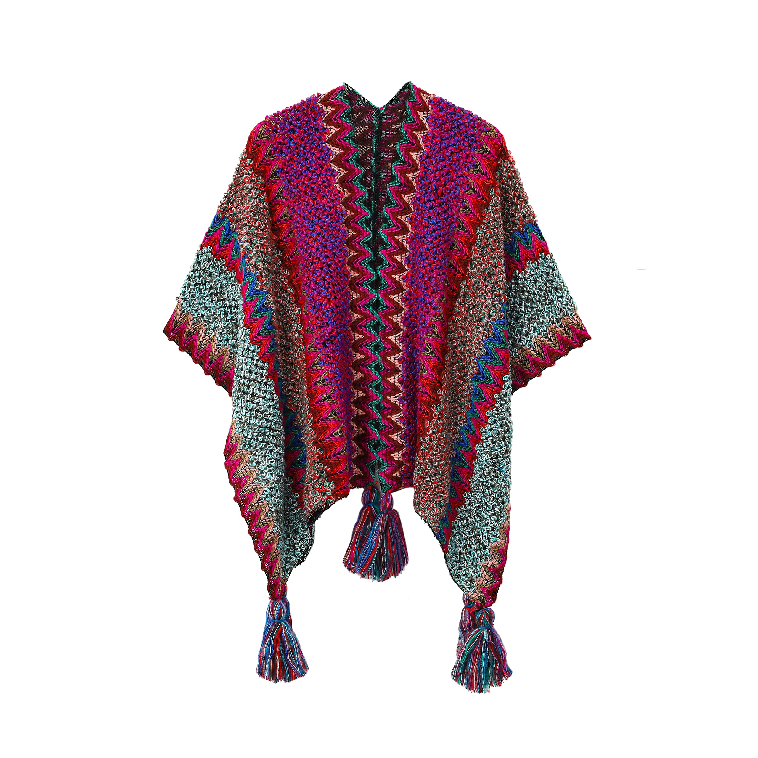BOCOSO Knit Shawl Wrap Poncho Cape for Women, Ladies Knitted Cardigan Kimono with Fringe for Fall Winter, Rose Red Pattern