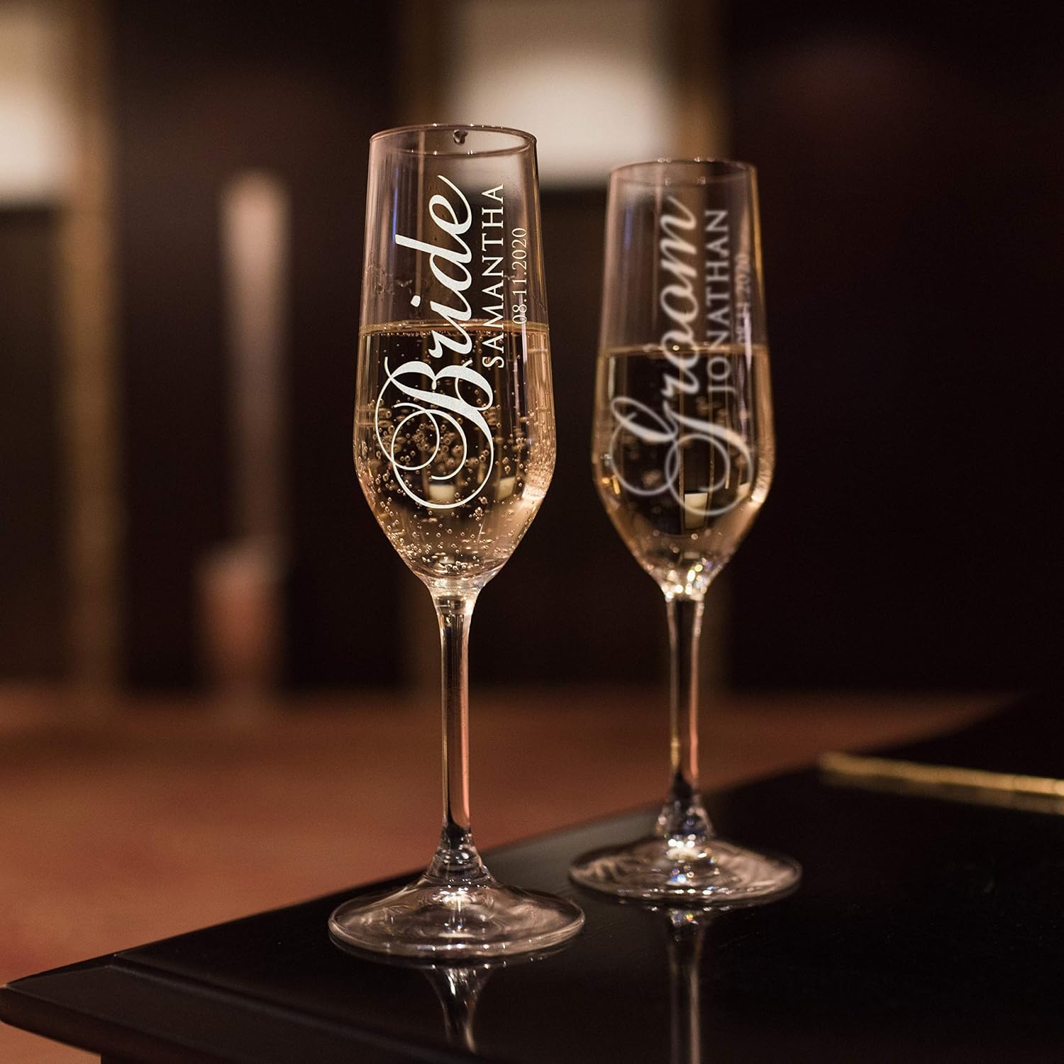 P Lab Set of 2, Bride Groom Names & Date, Personalized Wedding Toast Champagne Flute Set, Wedding Toasting Glasses - Etched Flutes for Bride & Groom Customized Wedding Gift #N2