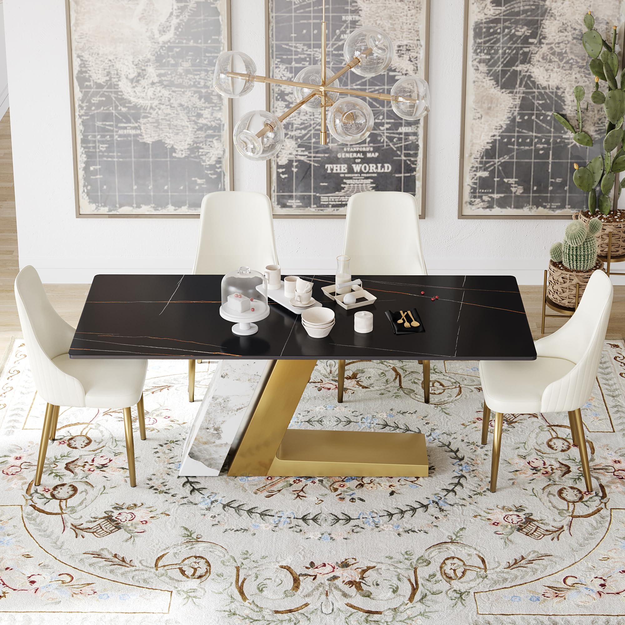 79" Modern Dining Table, Black Sintered Stone Tabletop with Stainless Steel Base, Kitchen Dining Room Table for 6-8 (Gold Base)