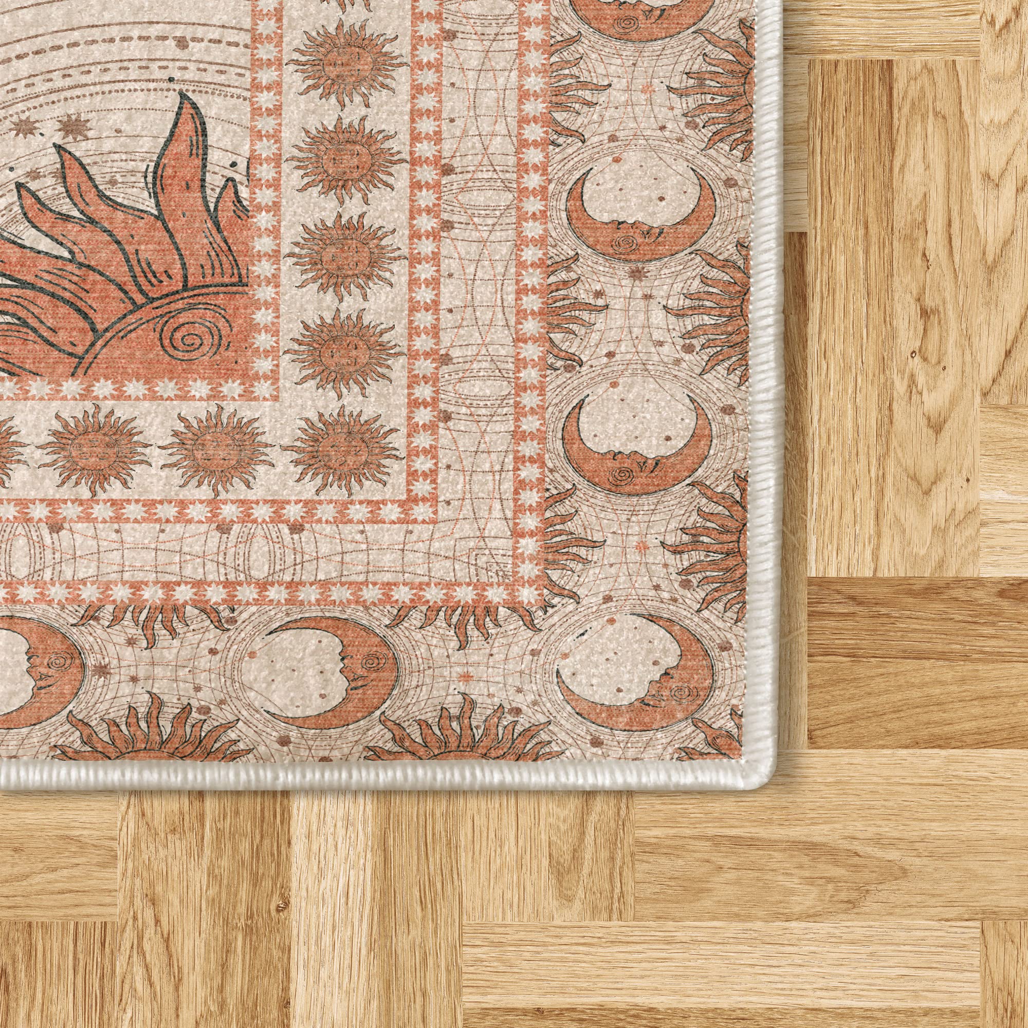 Ambesonne Sun and Moon Decorative Rug, Bohemian Artwork Design of Crescent Solar Ornament Esoteric Stars Ornaments, Quality Carpet for Bedroom Dorm and Living Room, 2' 2