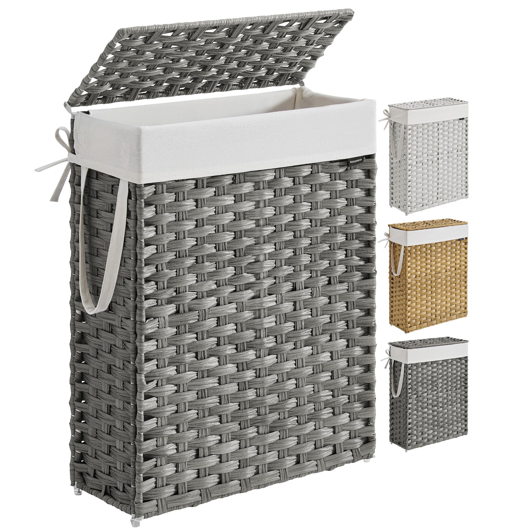SONGMICS Slim Laundry Hamper with Lid, 14.5 Gallon (55L) Synthetic Laundry Basket with Lid and Handles, Foldable, Removable Liner, Dove Gray