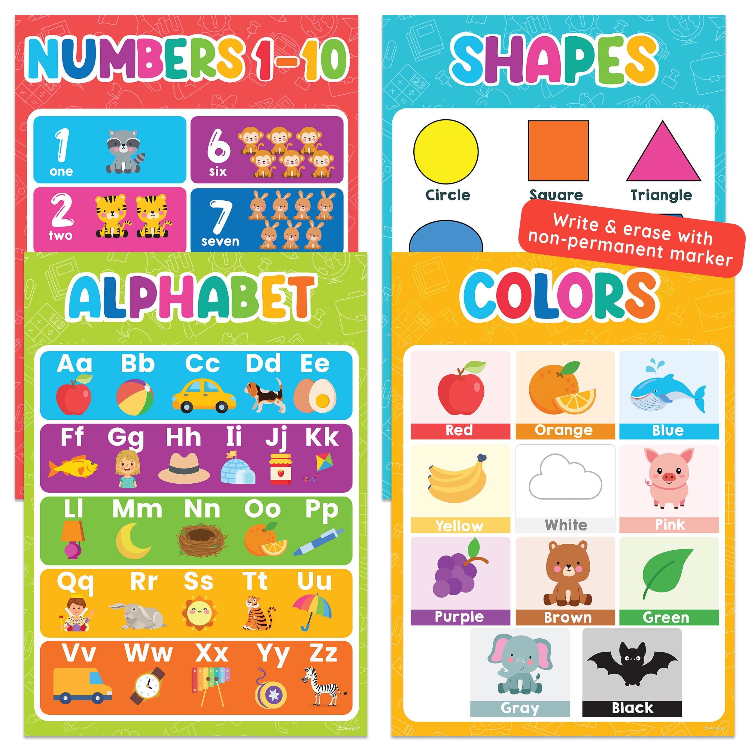 Decorably 4 Vibrant Extra Large Educational Posters for Toddlers 1-3, 17x24in PET-Laminated Classroom Decor Easy-to-Write-On and Erase with Alphabet,