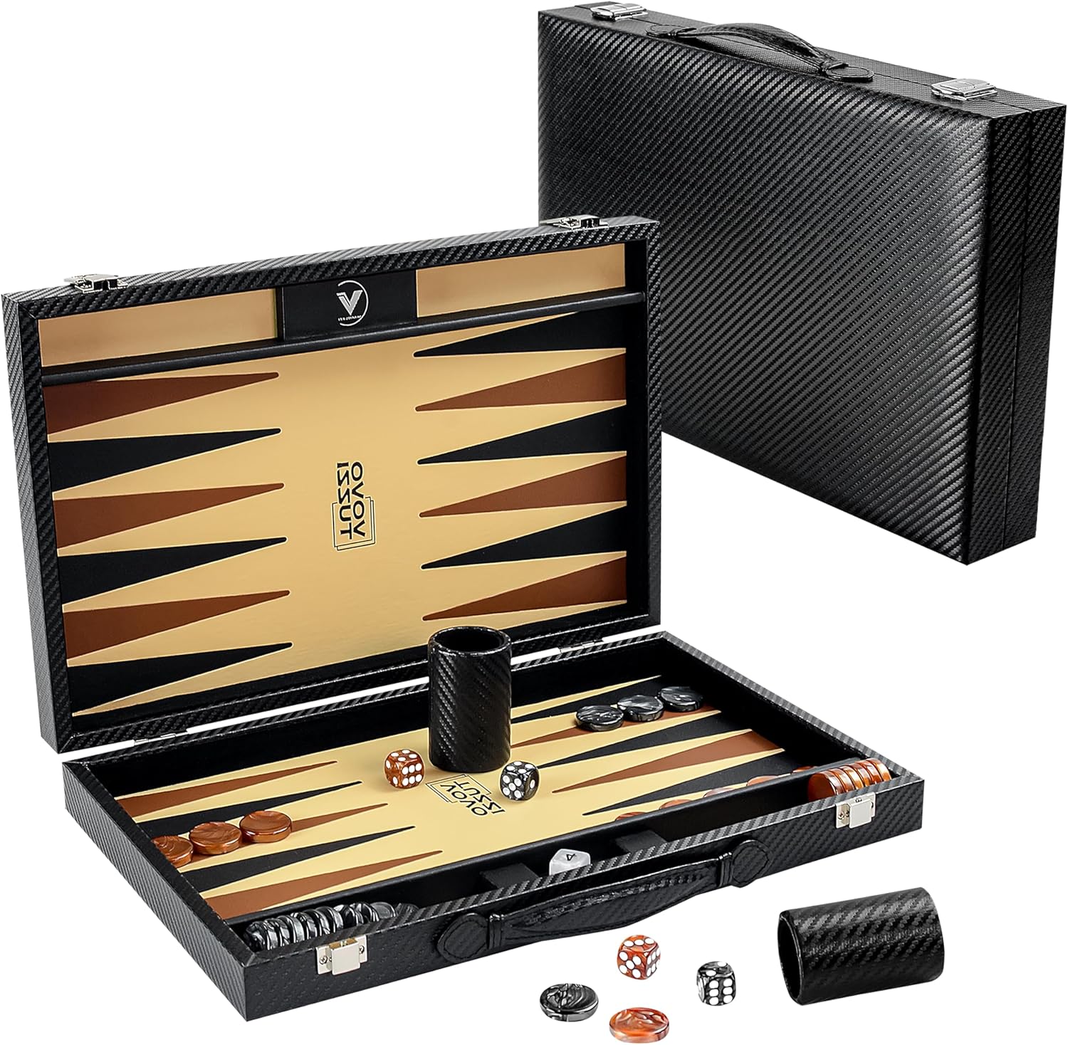 Backgammon Sets for Adults, 15 Inch Backgammon Board Game, Premium Carbon Fiber PU Leather Backgammon Set, with Checkers & Dices, Large Black Travel Backgammon