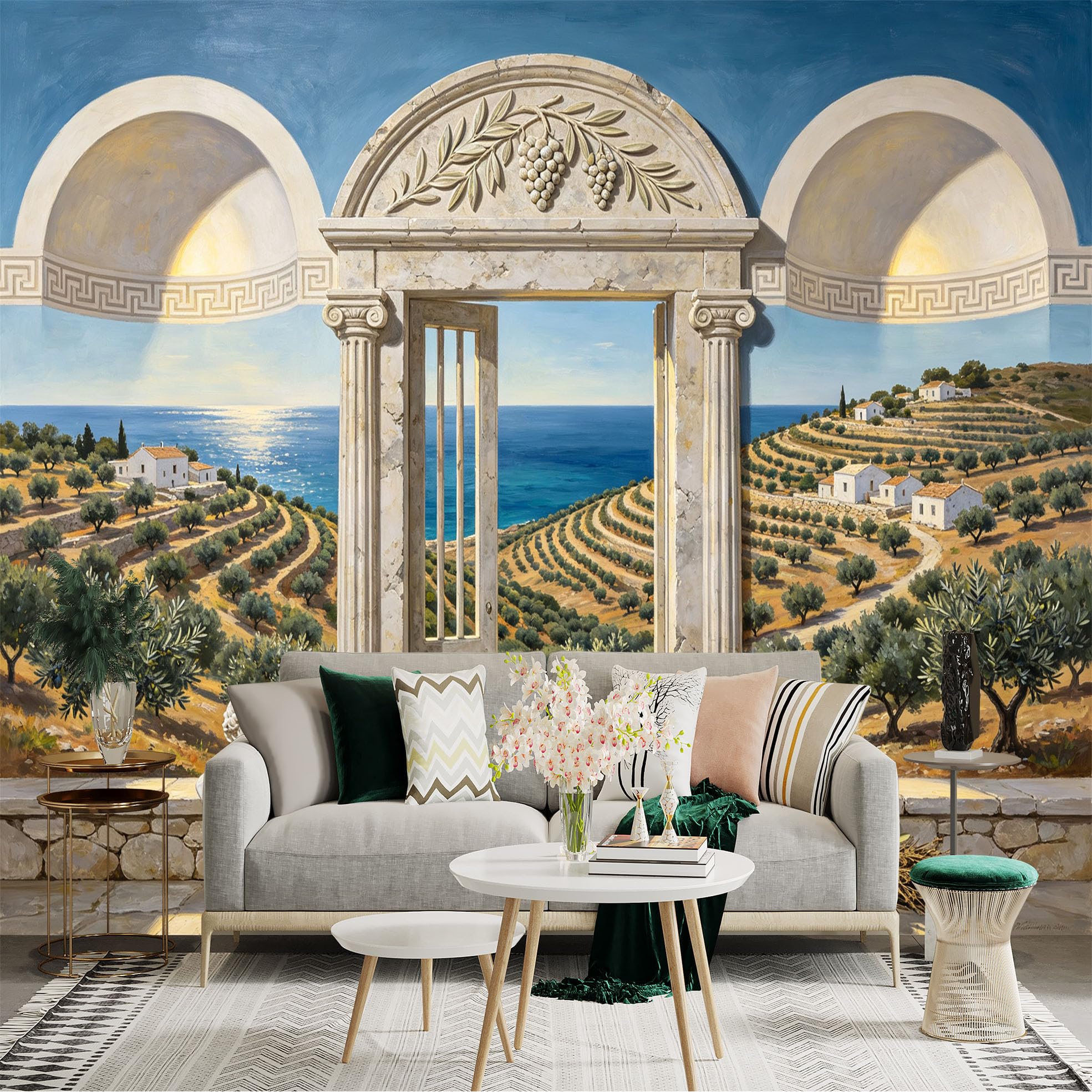Custom Size Wall Sticker Mural， Mediterranean Coastal Landscape， Stone Archway， Olive Grove， Seaside Village， for wall Decoration， peelandstick wall Decals.