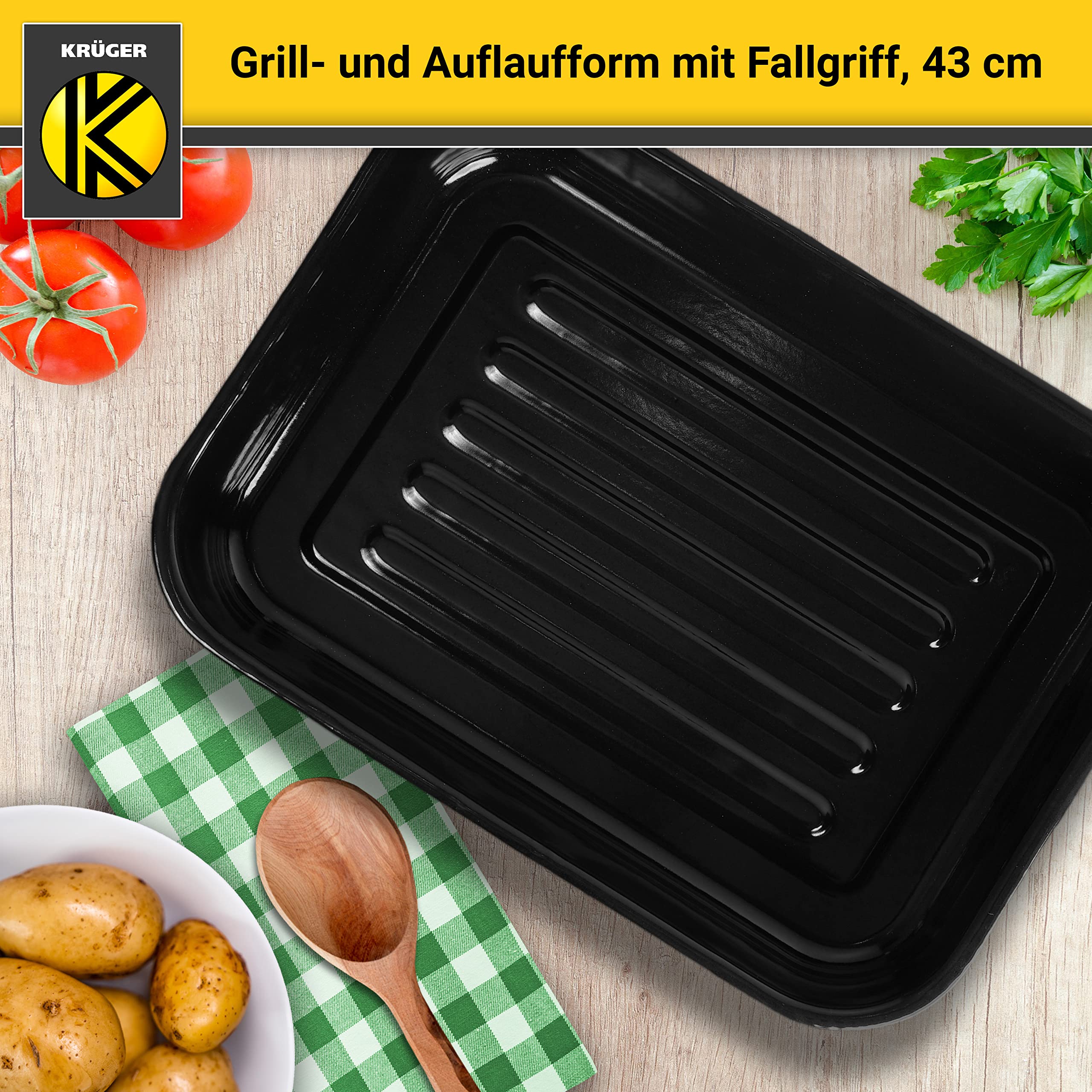Krüger Emaille Grill- und Auflaufform 40 x 29 cm | Mit Edelstahlgriffen