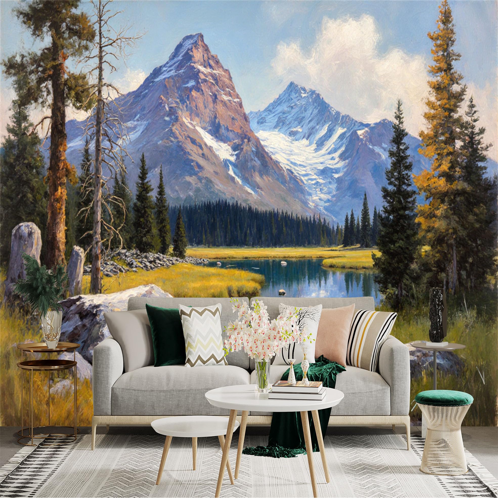 Custom Size Wall Sticker Mural， Mountain Landscape with Lake， Pine Trees and Snow Peaks， for wall Decoration， peelandstick wall Decals.