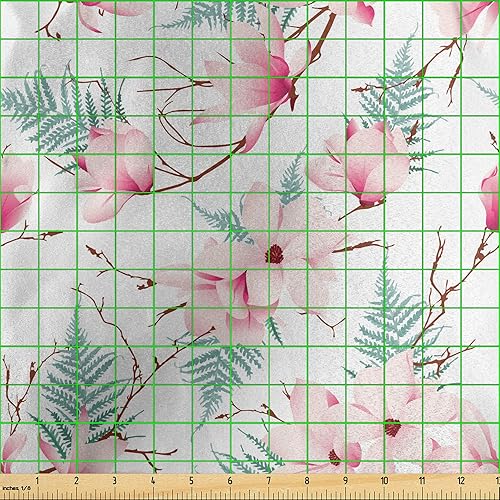 Miniatura 3 de Lunarable Spring Fabric by The Yard, Gentle Romantic Magnolia Petals in Bloom Serene Tranquil Calming Nature Art, Decorative Satin Fabric for Home