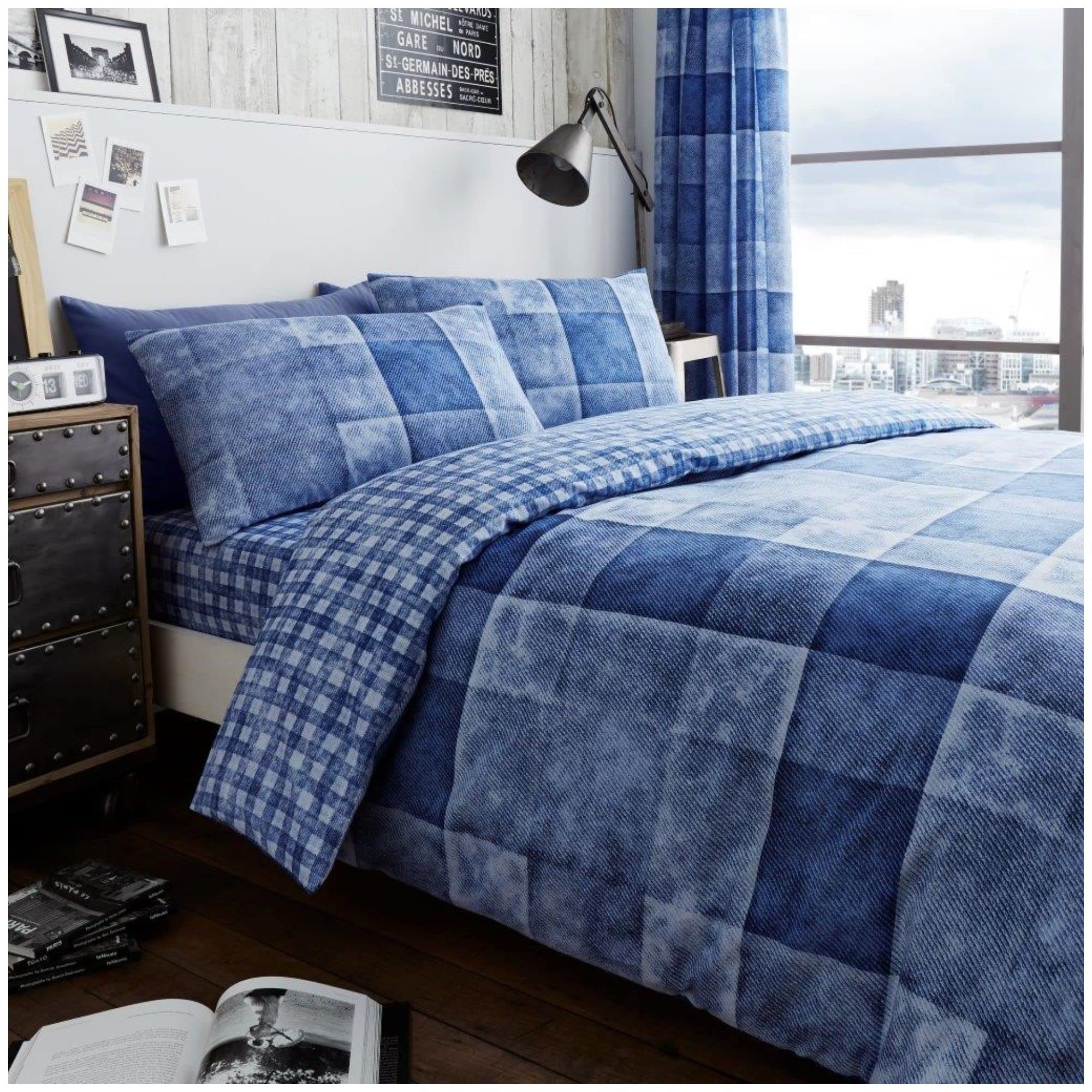VELVETIO Denim Check Beddings Duvet Cover and Pillowcases, Soft Reversible Tartan Checked Quilt, Breathable Printed Blocks Checkered Lightweight Bed linen Comforter Set, King Size, Blue — image 1