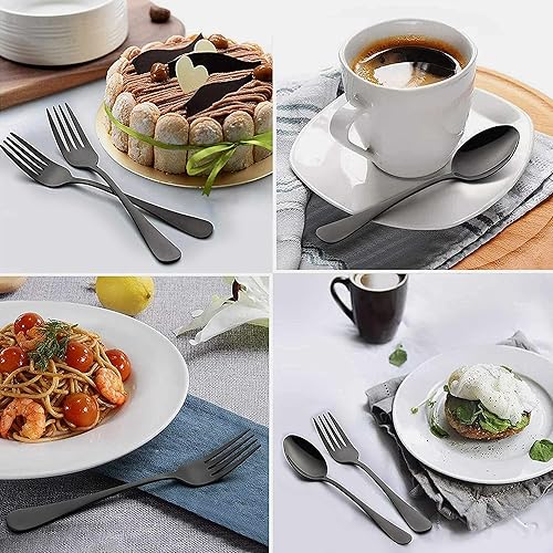 Miniatura 7 de LIANYU Juego de cubiertos negros mate de 16 piezas, 8 tenedores y 8 cucharaditas, cubiertos negros de acero inoxidable para el hogar, cocina, hotel,