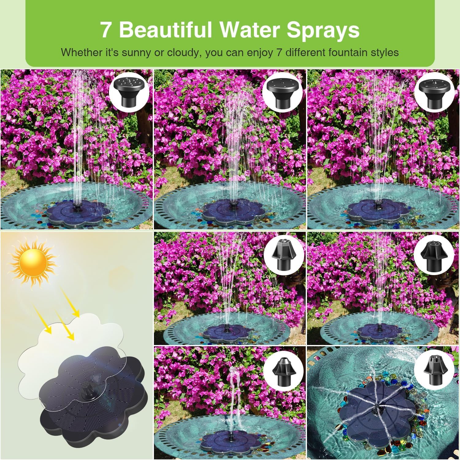 SZMP Solar Springbrunnen, 2000mAh Akku - Arbeiten an Trüben Tagen - Solar Teichpumpe, Wasserpumpe Solar Schwimmender Fontäne mit 8 Effekte & 4 Fixe Rohre für Garten,Vogel-Bad