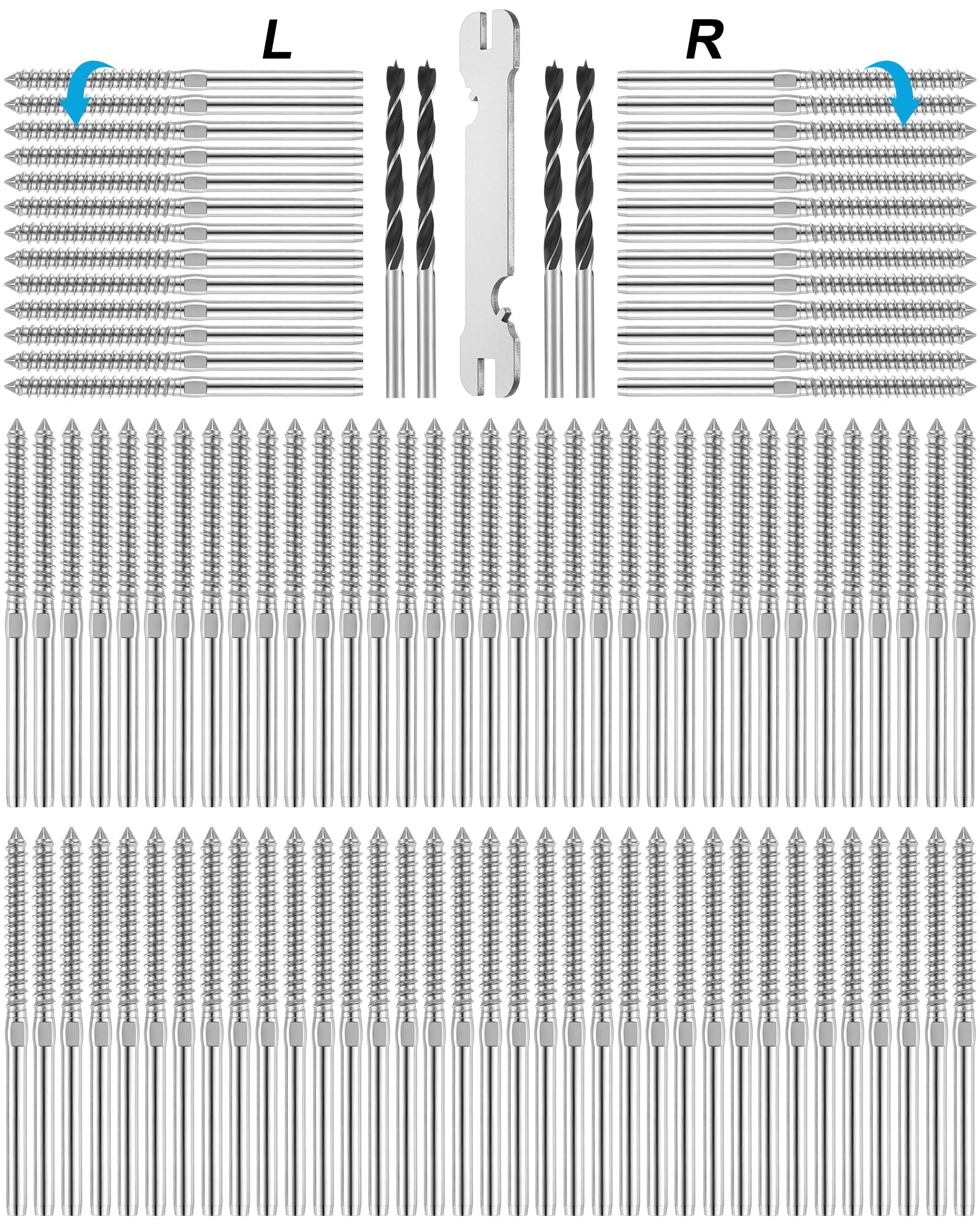 150 Pcs T316 Stainless Steel Left Right Handed Thread Swage Lag Screws for Wood Post 1/8" Cable Deck Railing Kit, Stair Deck Railing Bulk Swage Lag Screws Left Right DIY Cable Railing Hardware