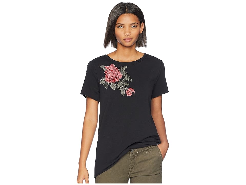 

ROMEO & JULIET COUTURE Flower Patch Short Sleeve Top (Black) Women's Clothing