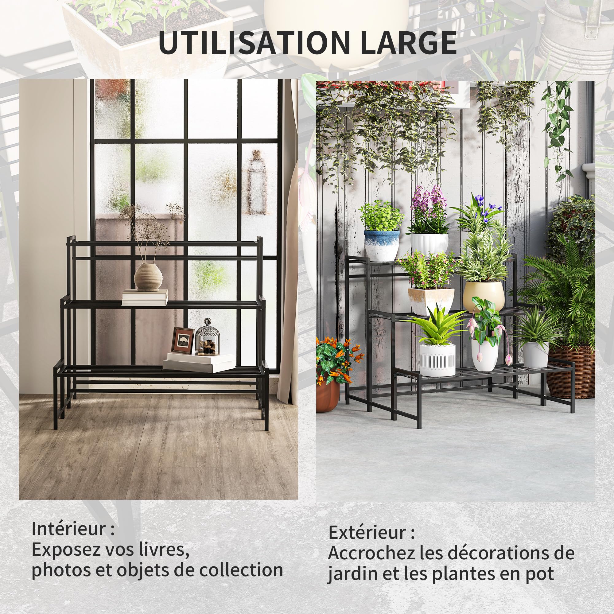 Outsunny Étagère à Fleurs en métal 3 Niveaux Jardin 75 x 70 x 66 cm Noir | Intérieur et Extérieur, Support de Plantes en Échelle, Étagère à Plantes, Balcon, Salon