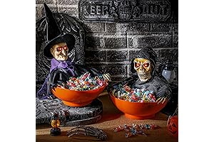 Enliven Your Halloween with Roshtia's Animated Skeleton and Witch Candy Bowls