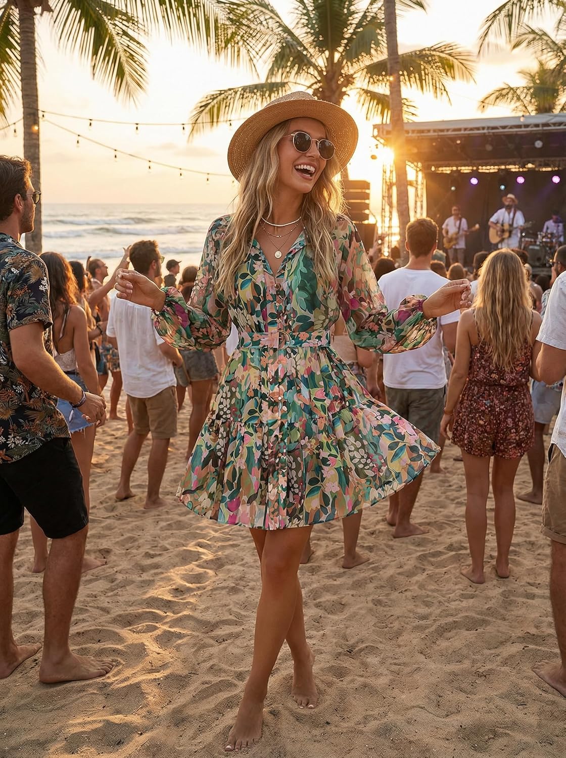 ZESICA Womens Spring Summer Floral Mini Dress Long Sleeve Button Chiffon A Line Swing Short Wedding Guest Party Dresses - Image 2