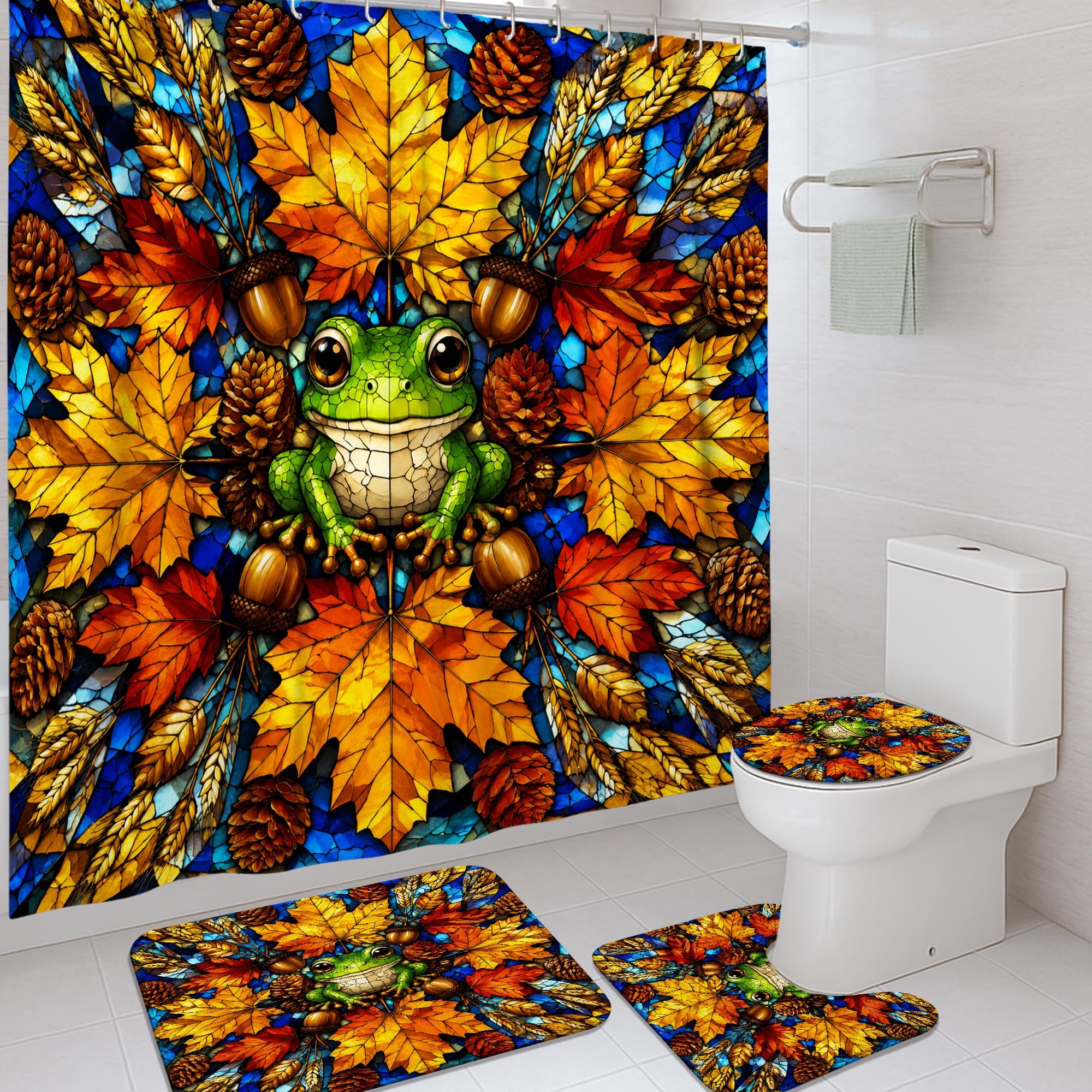 Rideau de douche vert automne 183x183 avec tapis de baignoire et glands déco