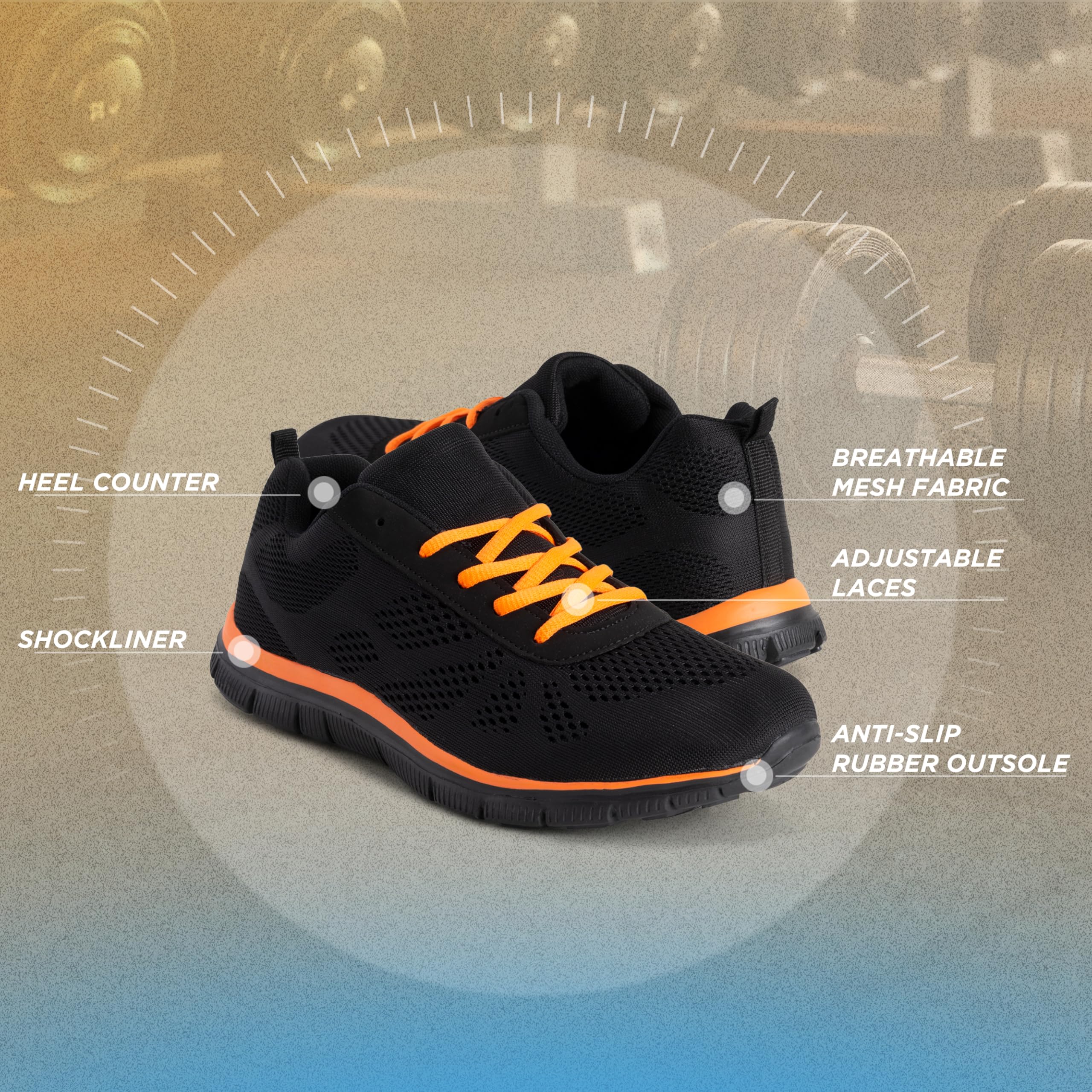 Get Fit Women’s Lightweight Trainers - Breathable Mesh Gym Walking Shoes - Comfortable Lace-Up Fitness Sneakers, Flexible Non-Slip Sole - Black/Orange - UK6/EU39