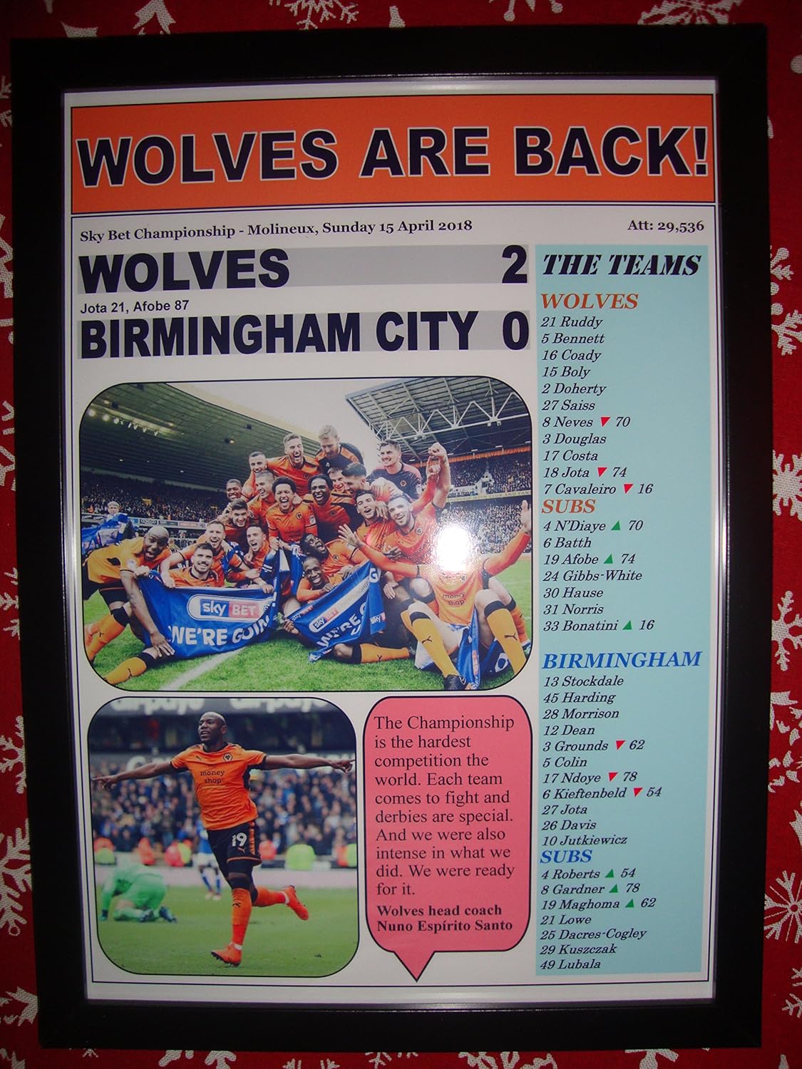 Wolves 2 Birmingham City 0-2018 Championship - Wolves Promoted - Framed Print