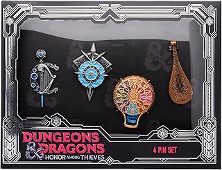 Dungeons & Dragons: Honor Among Thieves 3D 4 Pin Set - Officially Licensed Multicolored Original Artwork Enamel Lapel Pins with Logo, Lute, Spell Dispenser, and Medal of Freedom