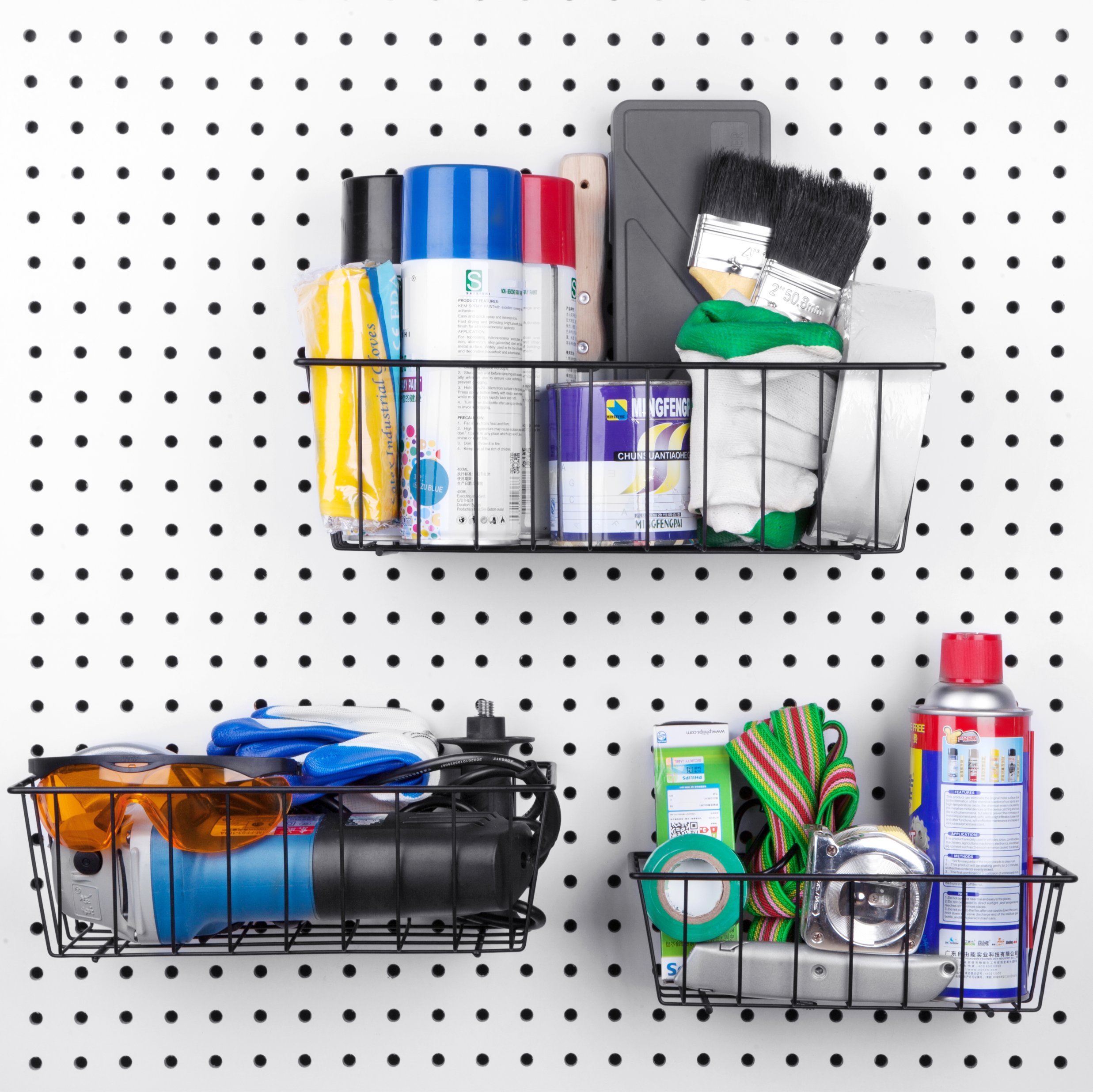 Juego de 3 cestas para tablero de clavijas, mejor organización de herramientas, accesorios, garaje, almacenamiento, accesorios organizadores de pared, cesta de alambre negro