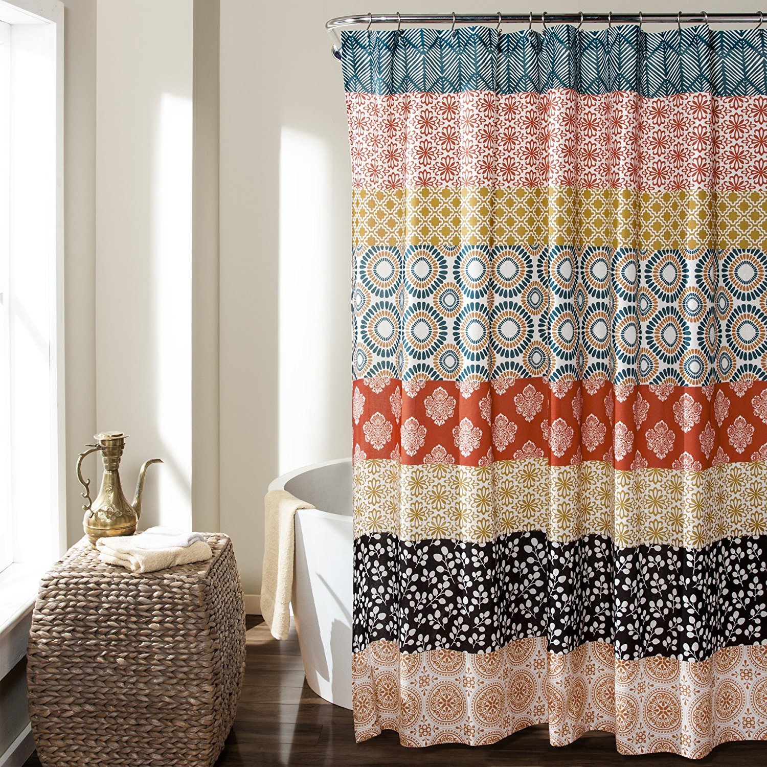 Lush Decor Bohemian Stripe Shower Curtain, 72" W x 72" L, Turquoise & Orange - Enchanting and Bold Colorful Design Perfect for Boho Bathroom Decor