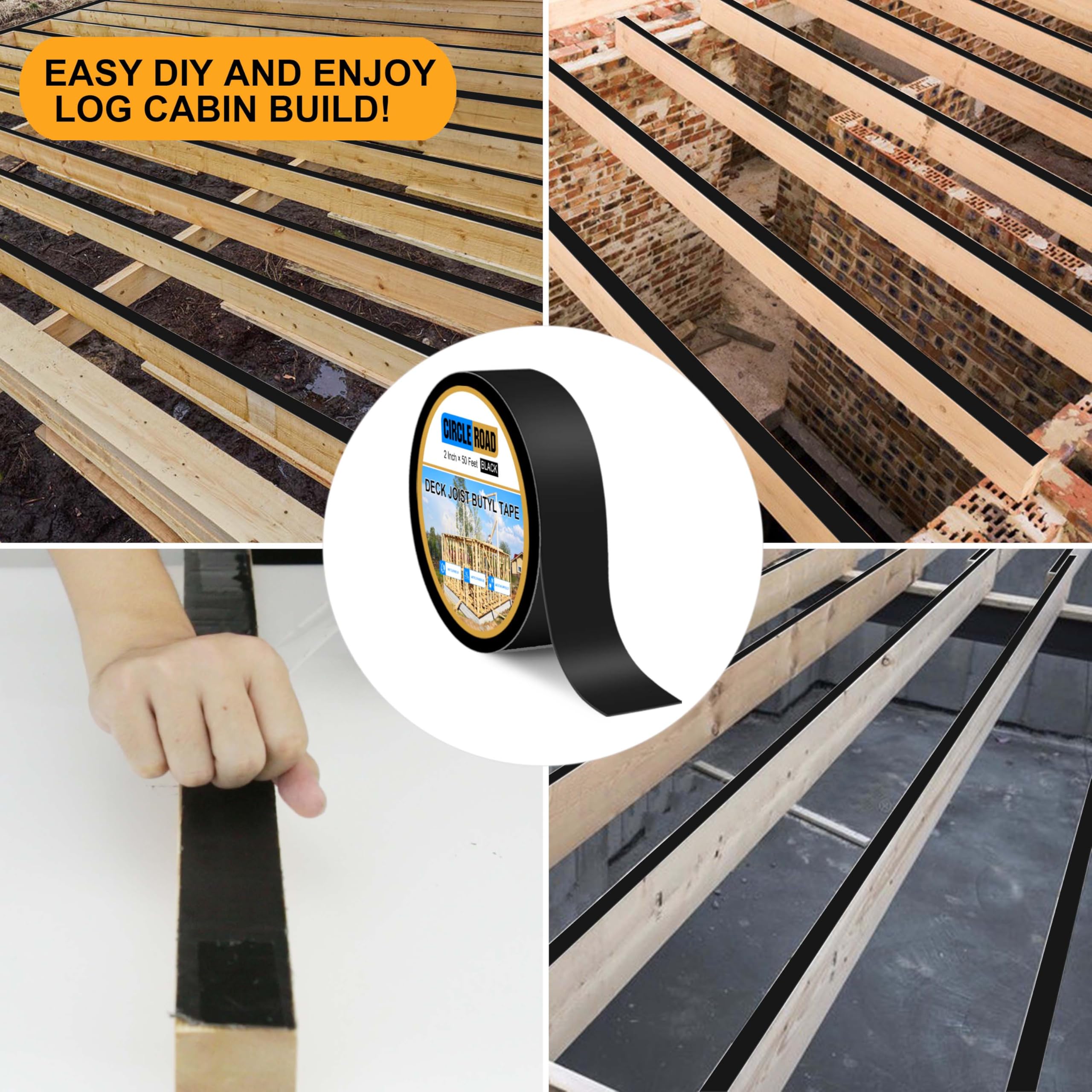 CircleRoad Cinta de vigueta para terrazas de 2 pulgadas x 50 pies, 8 rollos de cinta de butilo resistente a la intemperie para cubiertas de madera, vigas de techo, cinta intermitente anticorrosión