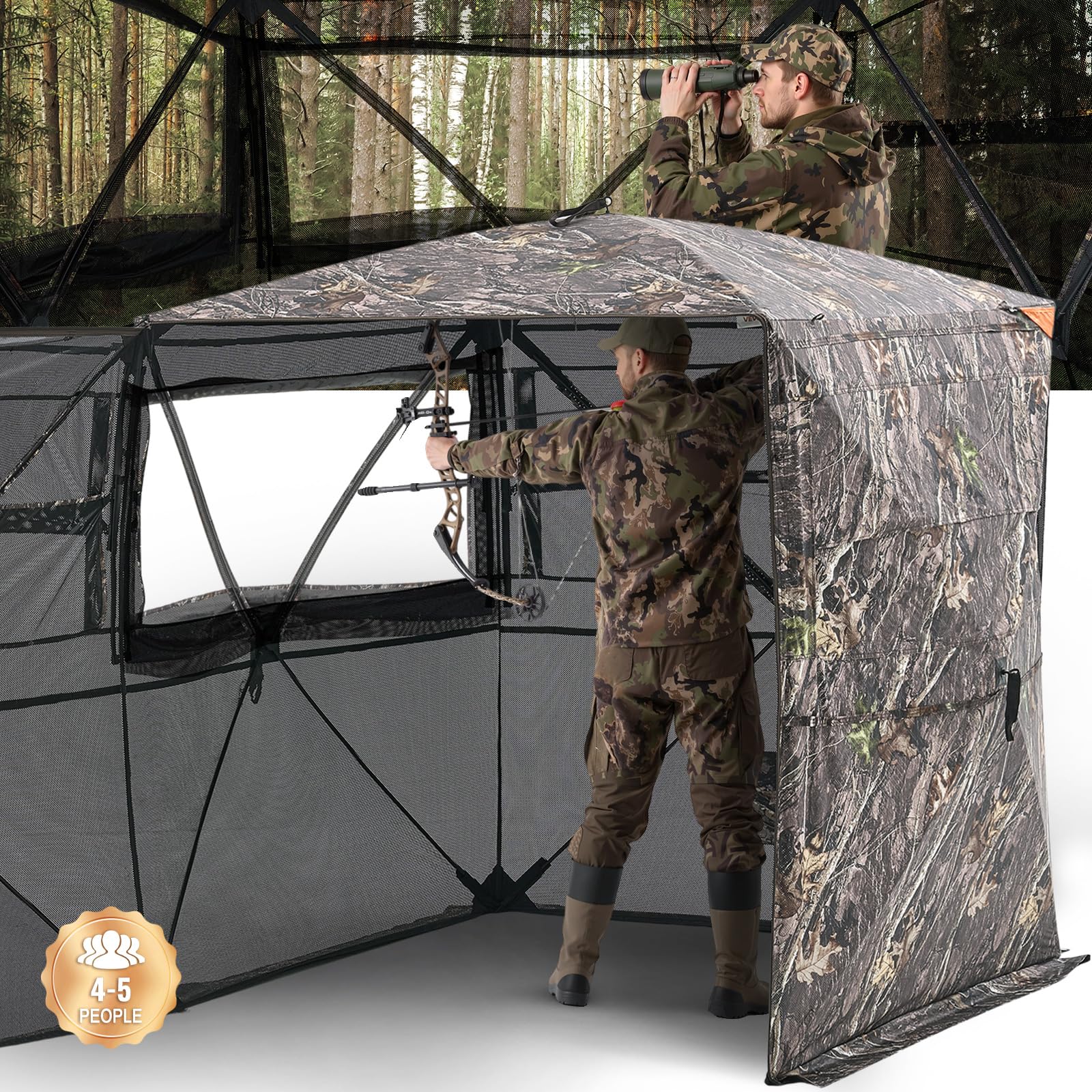 VEVOR Caccia, Tenda Termica per 2 a 3 Persone con Sedia a Tre Gambe Borsa per Il Trasporto, Mimetica Portatile, Riparo Nascosto Resistente con Porta e Finestra con Cerniera Unisex Adulto