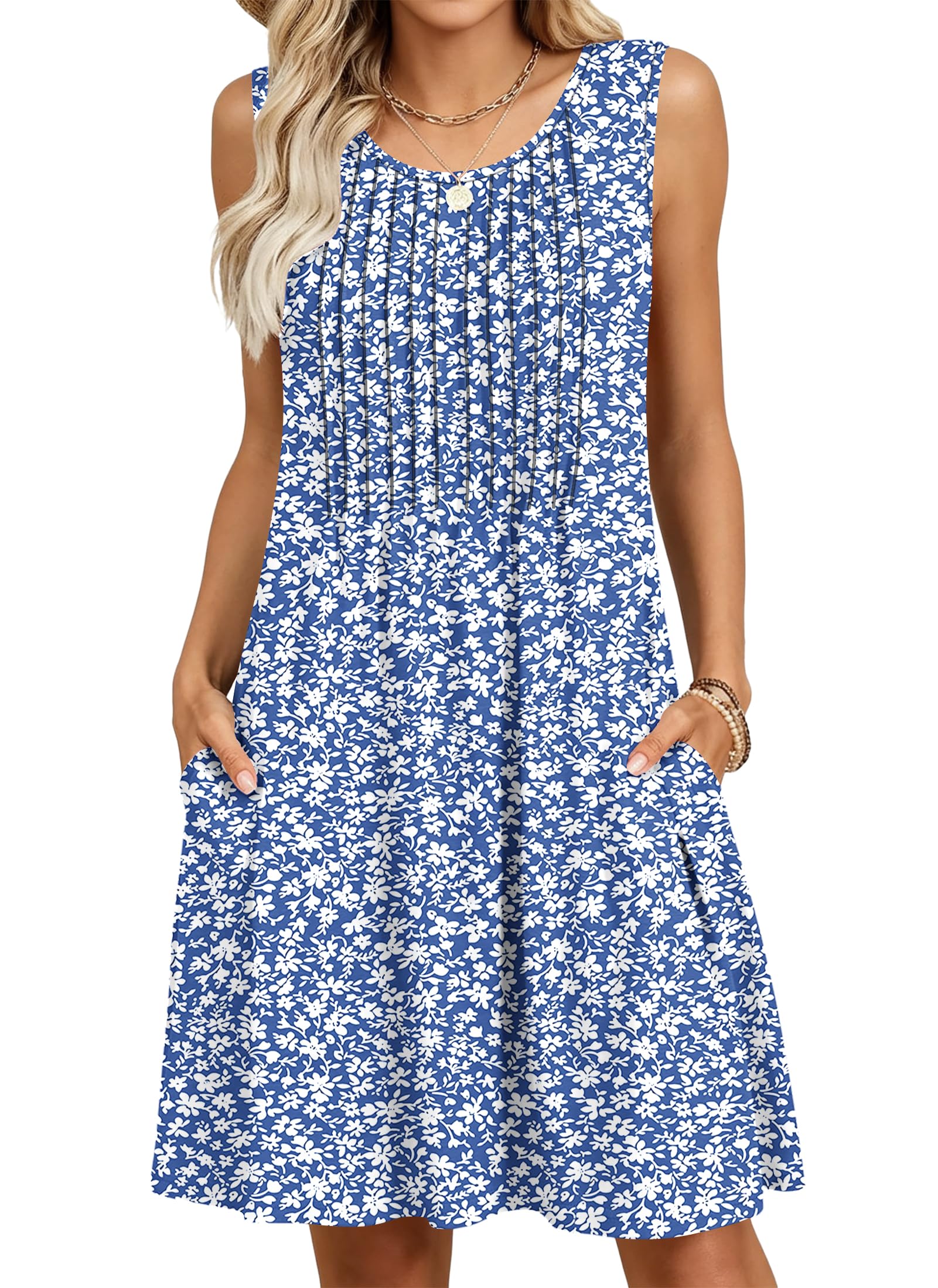 MOLERANI Women's Summer Midi Dress - Round Neck Casual Dresses Sleeveless Knee Length Women Casual Beach Dresses with Pockets Grey Blue Floral 2XL