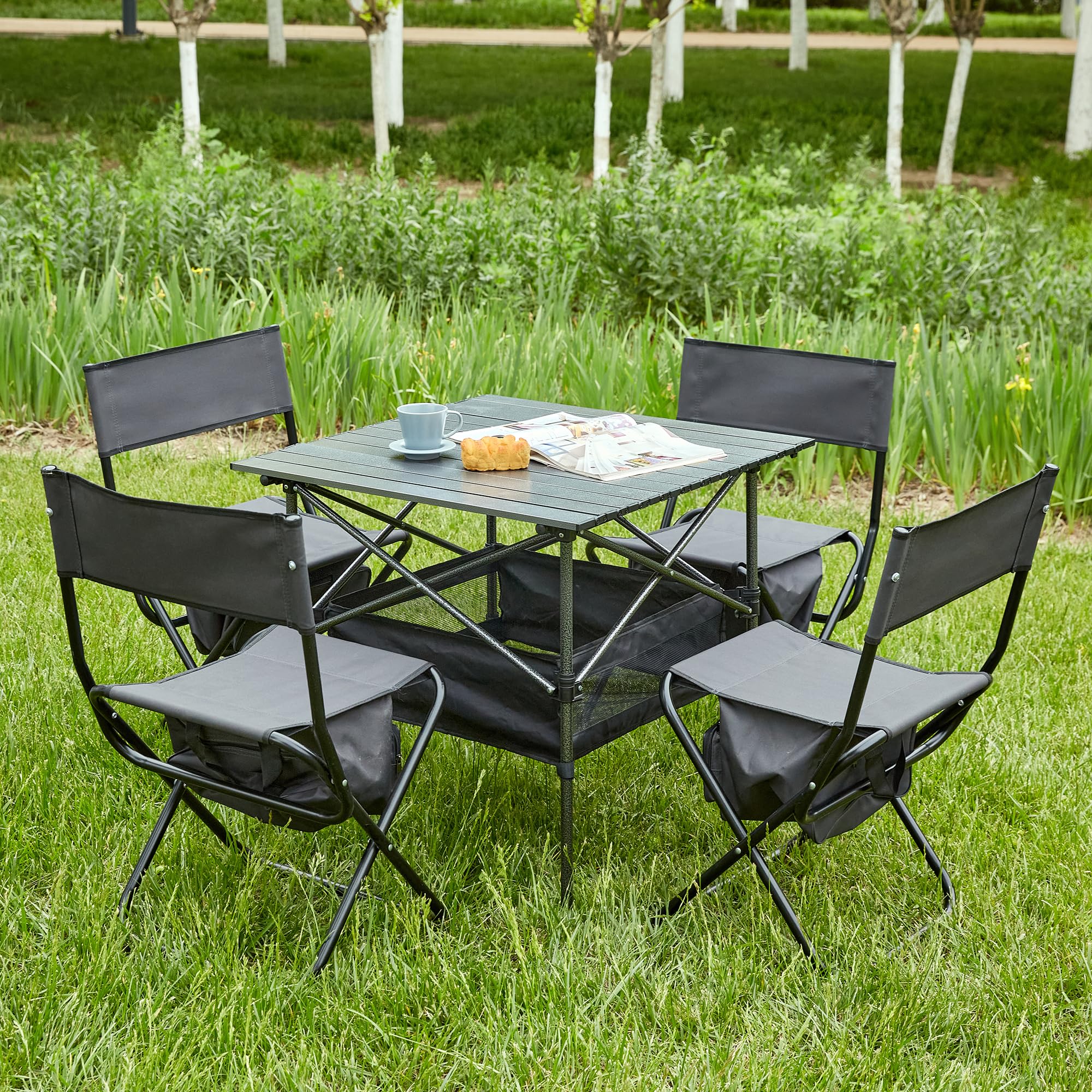 GOWE Set of 5, Folding Outdoor Table and Chairs Set for Indoor, Outdoor Camping, Picnics, Beach,Backyard, BBQ, Party, Patio, Black/Gray