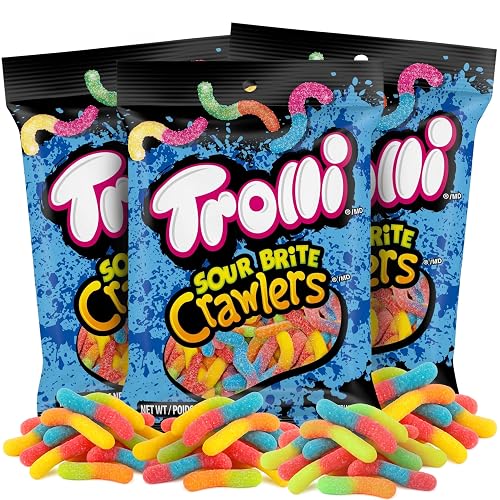 Trolli Sour Brite Crawlers Gummy Candy 142g Bag (Pack of 3) – Original Flavors: Cherry-Lemon, Strawberry-Grape, Orange-Lime – Sweet & Sour Gummy Worms