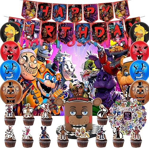 Suministros para fiesta de cumpleaños de Five Night at Freddy, decoraciones de cumpleaños de FN-AF, incluye pancarta de feliz telón de fondo,