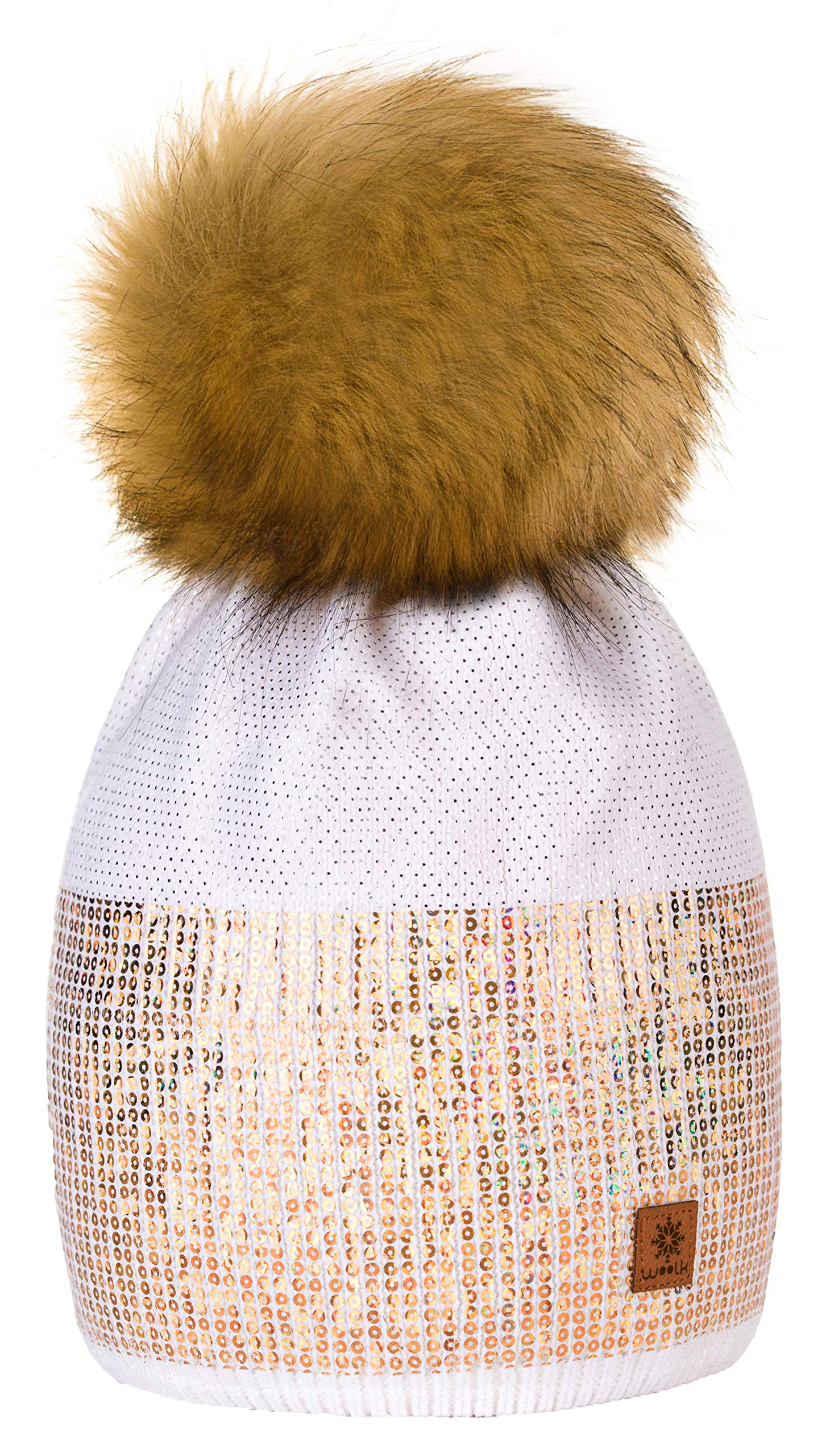 4Sold Women's Ecru Winter Hat Knitted Beanie Large Pom Pom Cap Ski Snowboard Hats Bobble Small Crystals Sequins (Ecru)