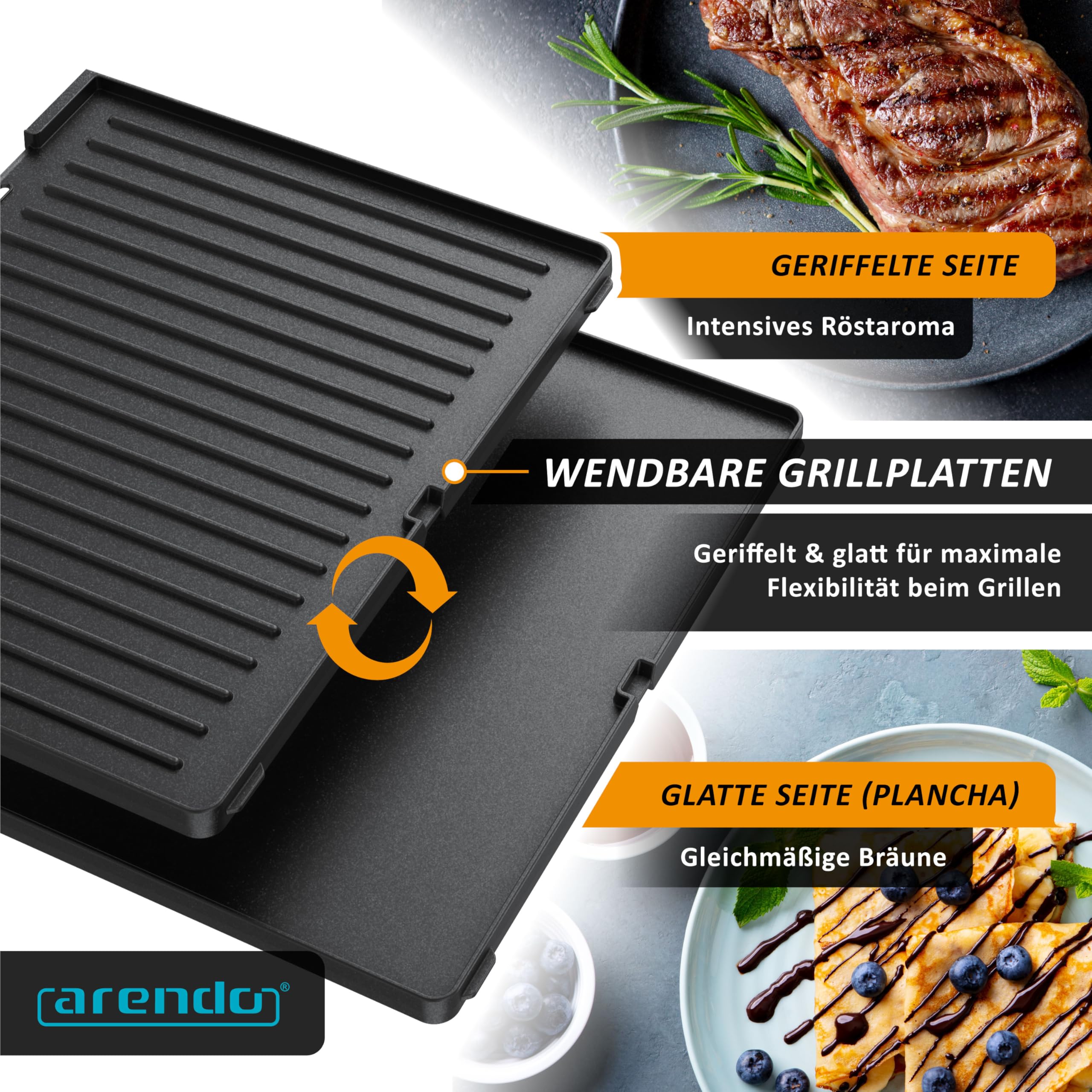Arendo - Tischgrill elektrisch mit 2 Grillzonen - Electric grill 2 Thermostate - Elektrogrill Edelstahl – 2800W Leistung – Antihaft-Beschichtung –Spritzschutz – Für Balkon Küche Terrasse Garten