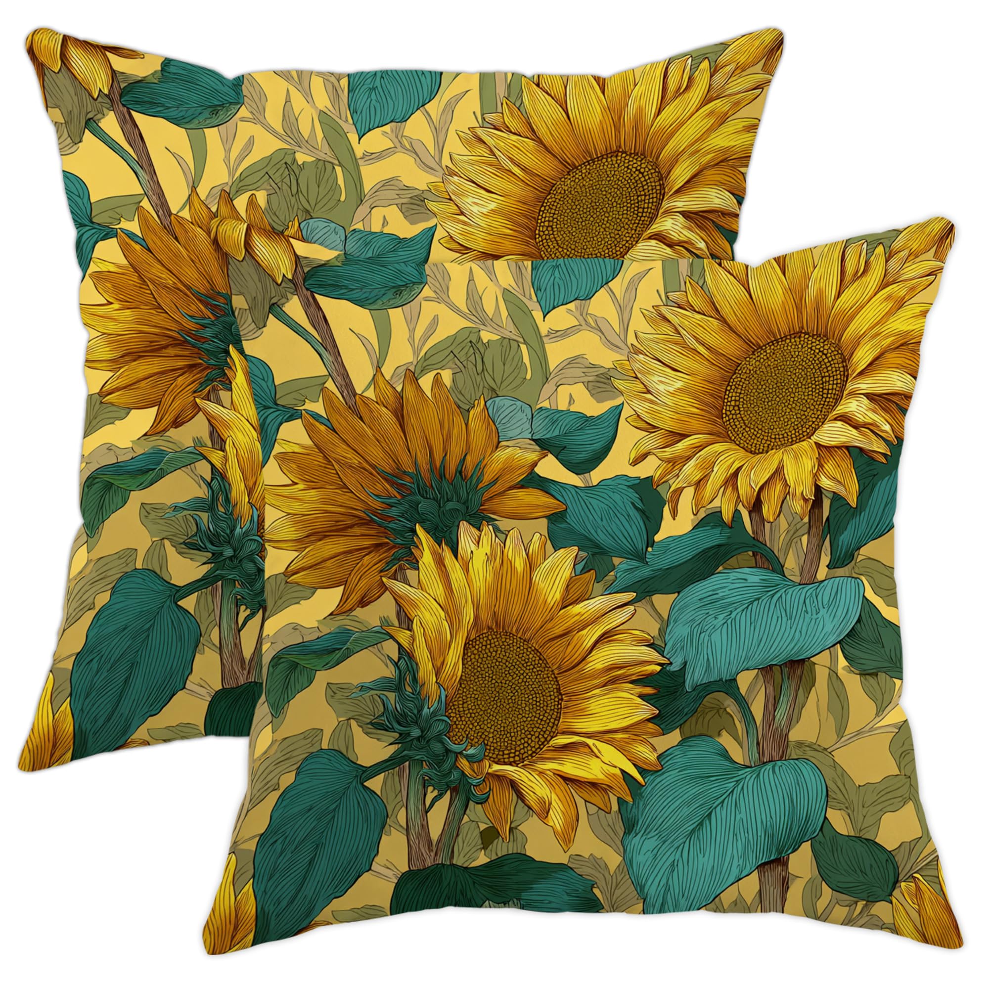 Sunflower Throw Pillow Covers Set of 2, Yellow Floral Decorative Cushion Cases, Summer Outdoor Farmhouse Decor for Sofa Bed Couch 22x22 Inch