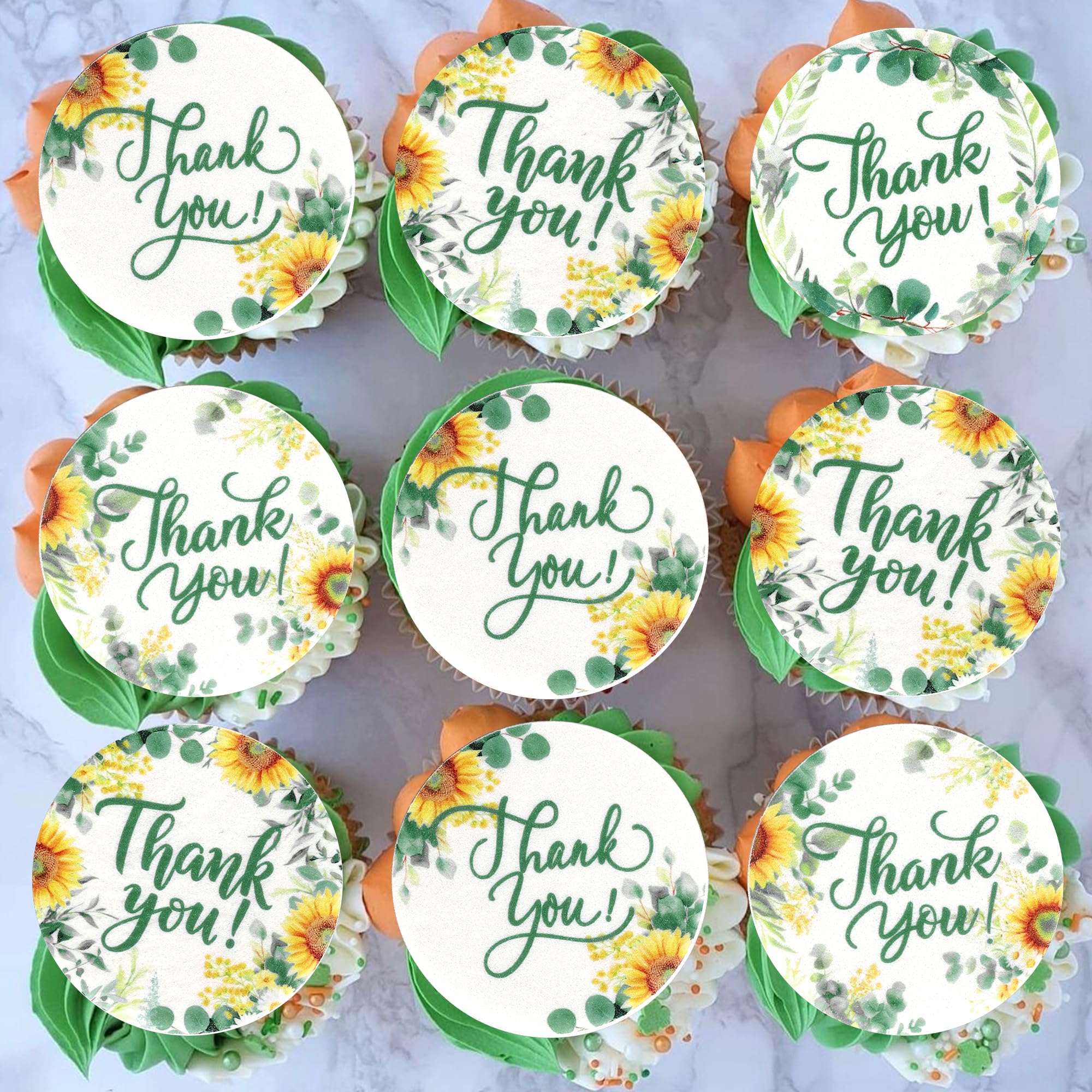 Xsstarmi 60 Pack Thank You Edible Cupcake Toppers Rice Paper Sunflower Eucalyptus Thank You Cupcake Picks for Birthday Wedding Baby Shower Graduation Party Cake Decorations Supplies